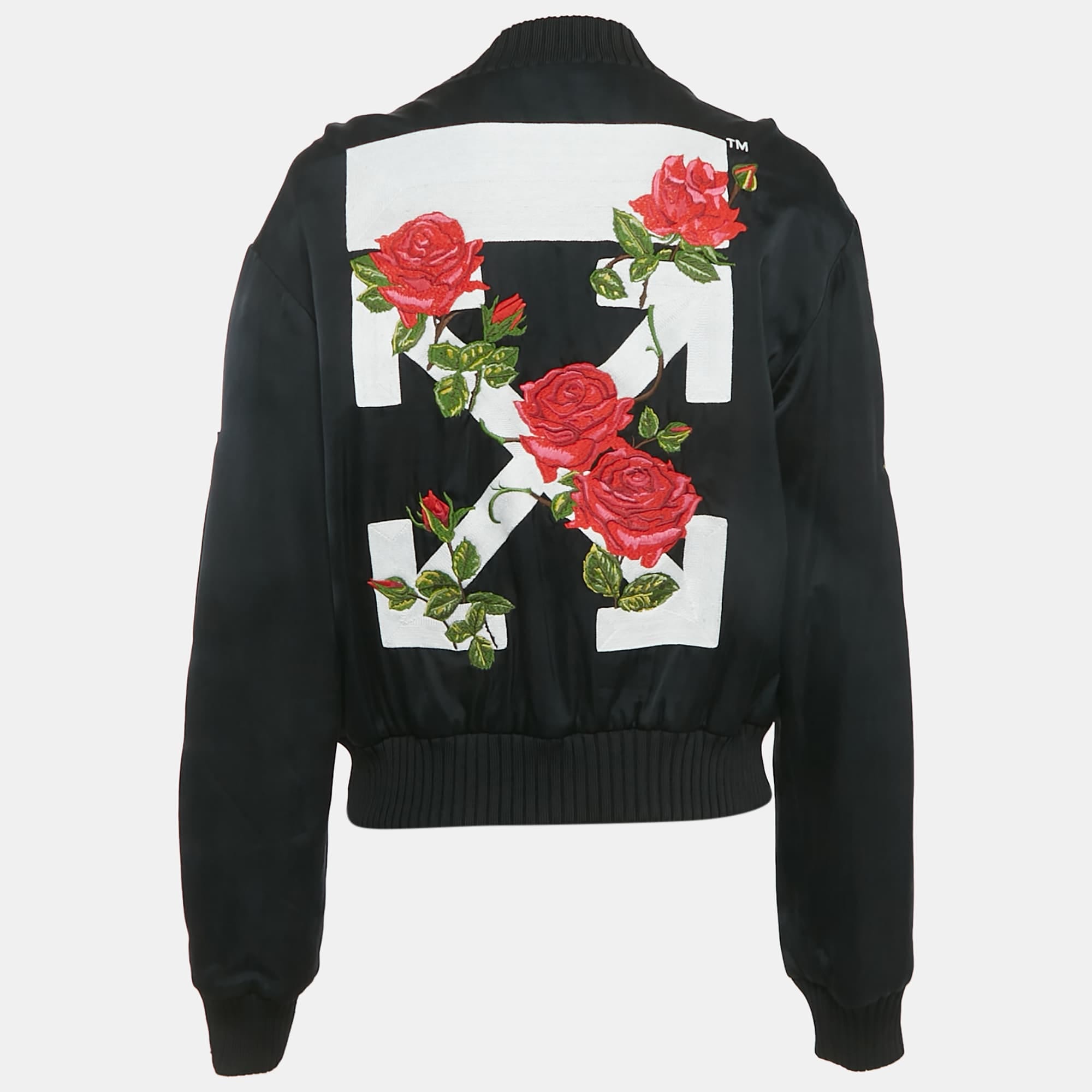 Off - White Black Rose And Arrow Embroidered Satin Bomber Jacket
