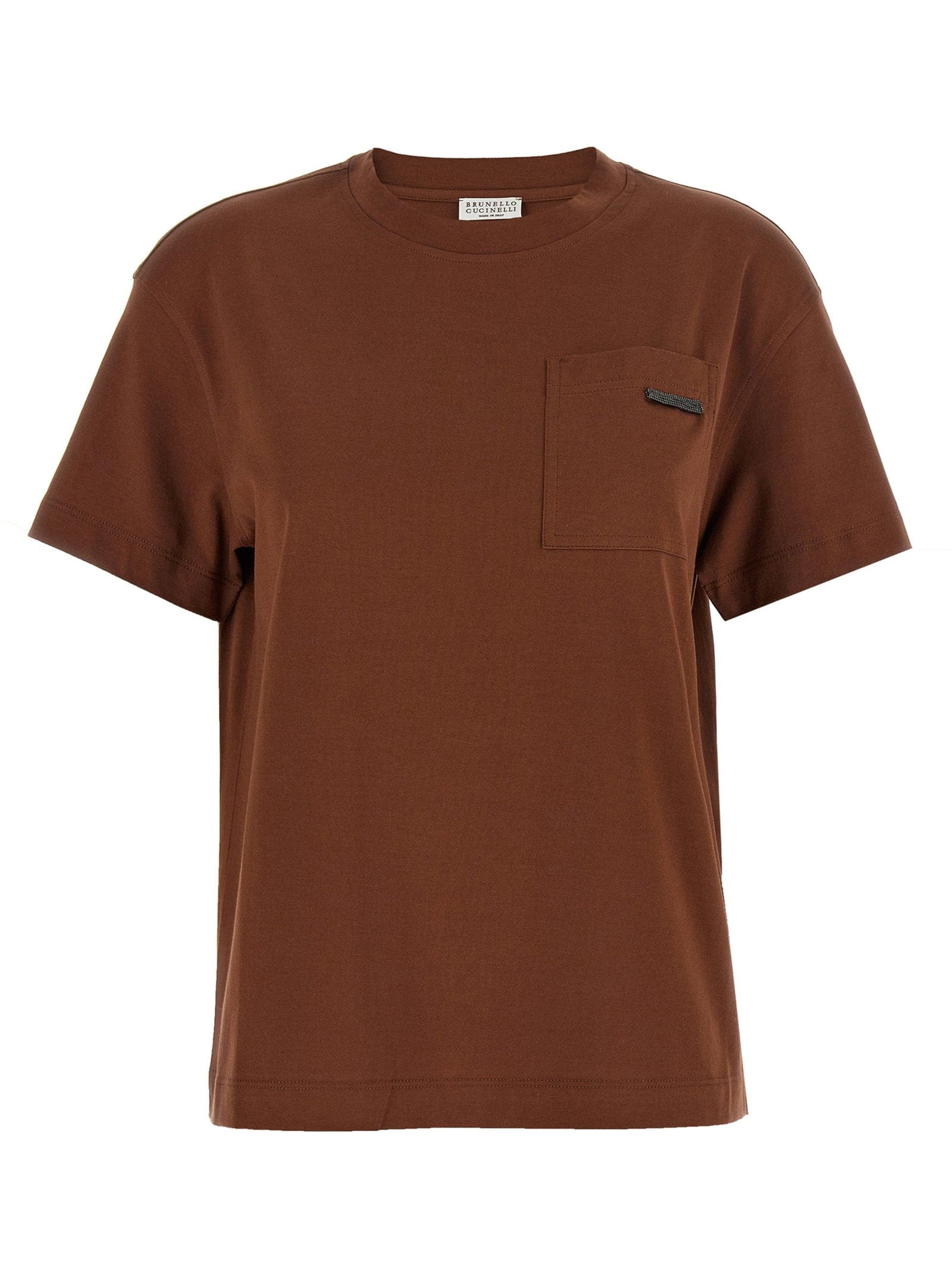 Brunello Cucinelli Cotton Jersey with Shiny Tab Pocket T - Shirt — Brown