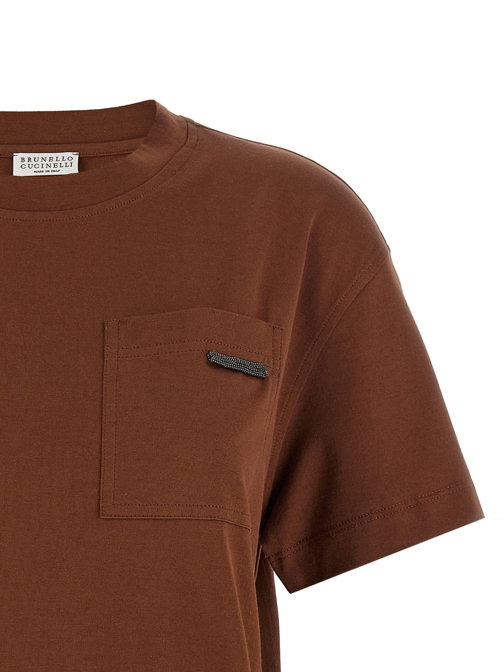 Brunello Cucinelli Cotton Jersey with Shiny Tab Pocket T - Shirt — Brown