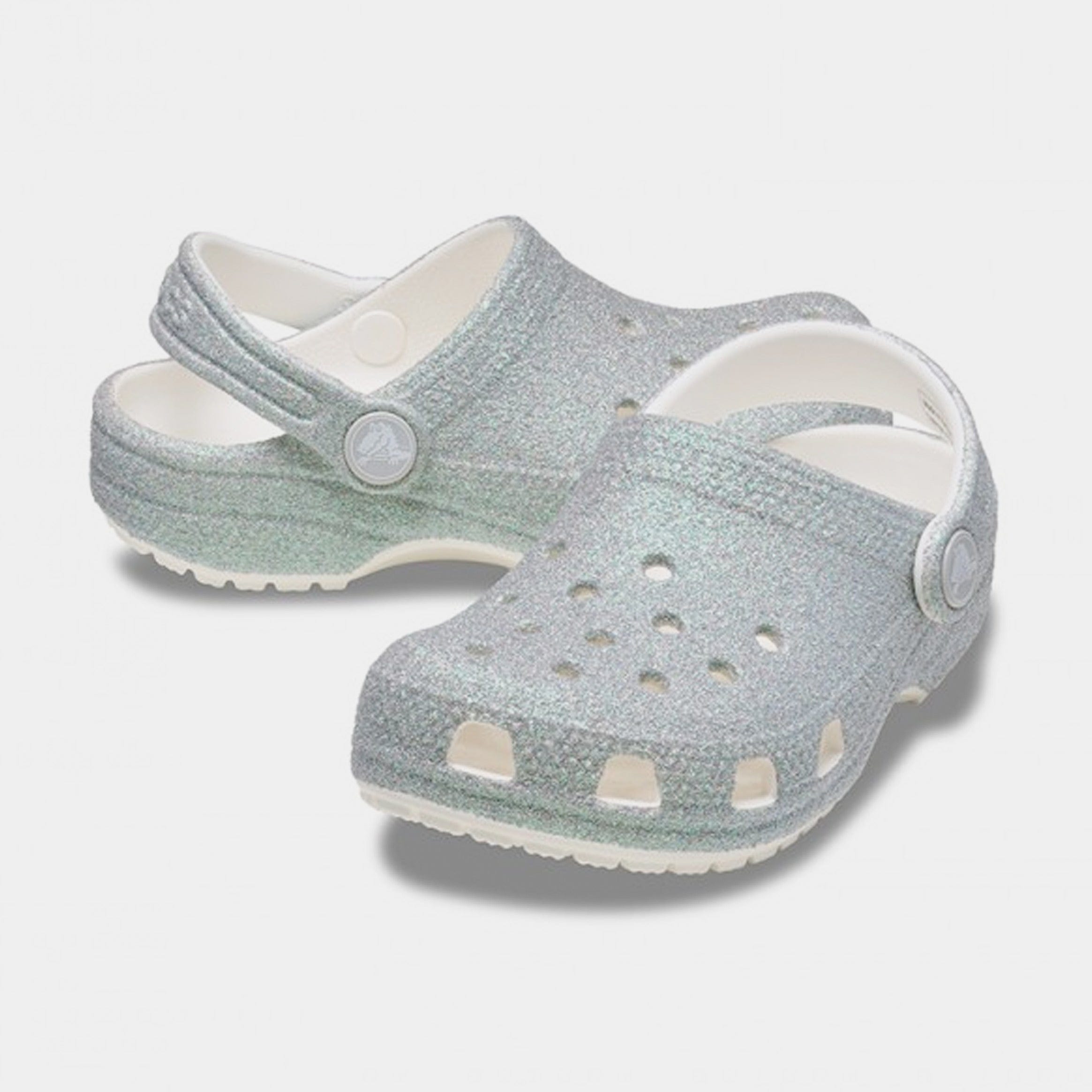 CROCS Classic Clog Iridescent Glitter Infant Toddler Sandals (White)
