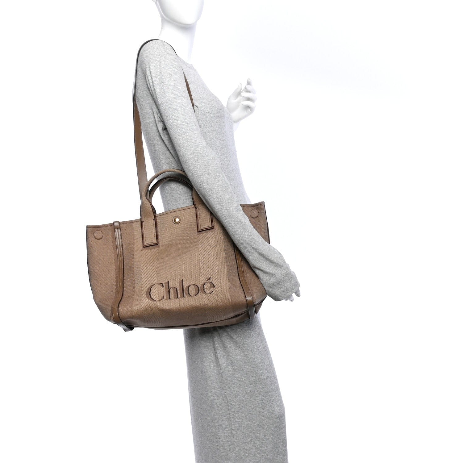 Chloe Canvas Calfskin Medium Logo Carry Tote Deep Taupe
