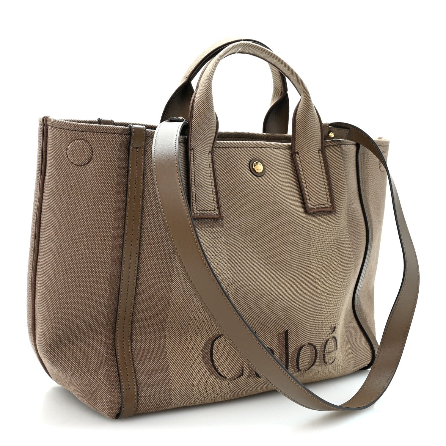 Chloe Canvas Calfskin Medium Logo Carry Tote Deep Taupe