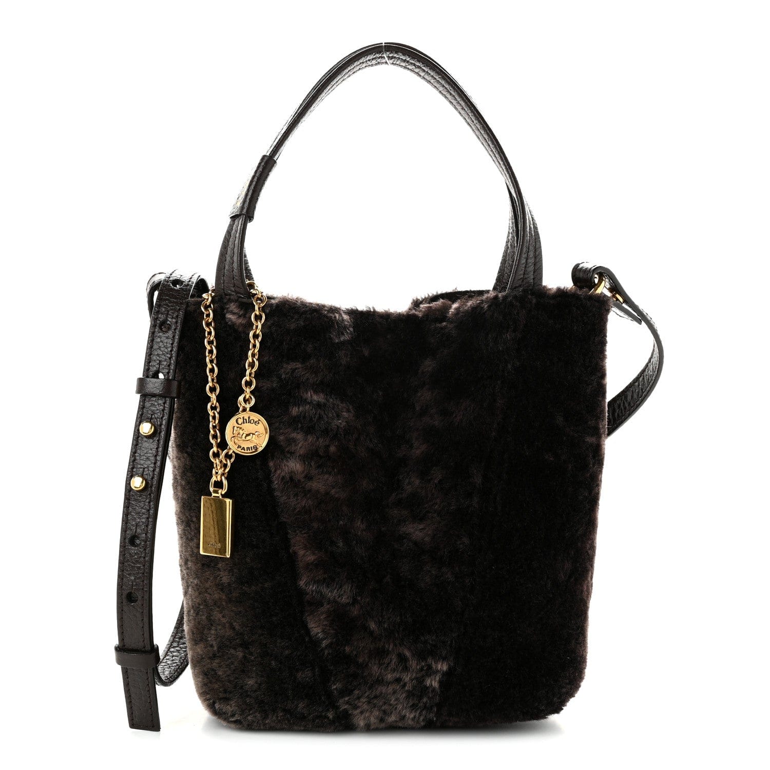 Chloe Shearling Small Spin Tote Dark Brown