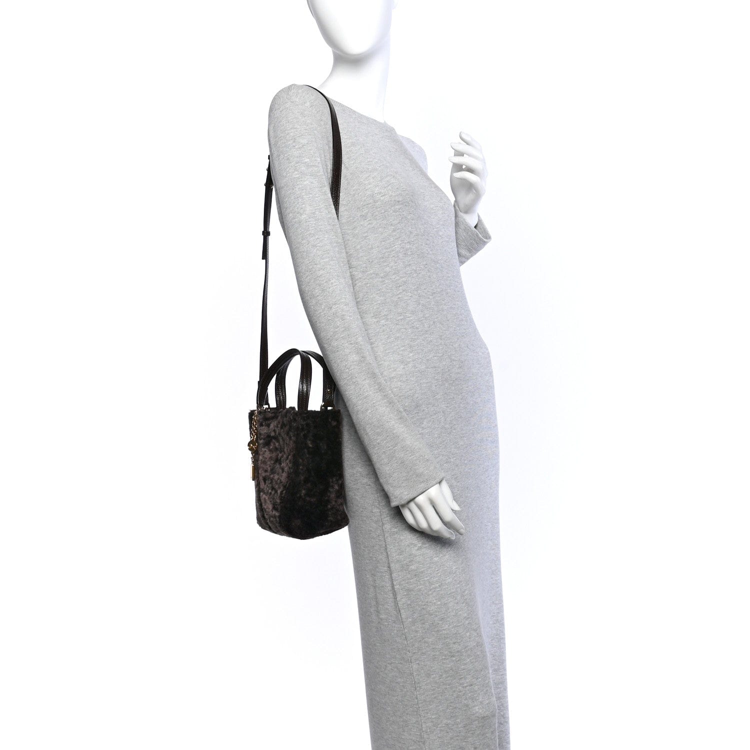 Chloe Shearling Small Spin Tote Dark Brown