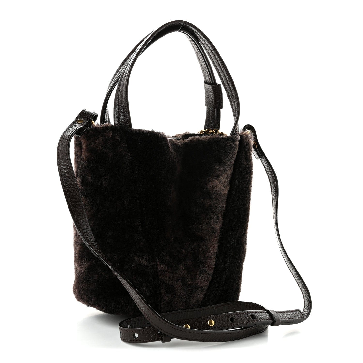 Chloe Shearling Small Spin Tote Dark Brown