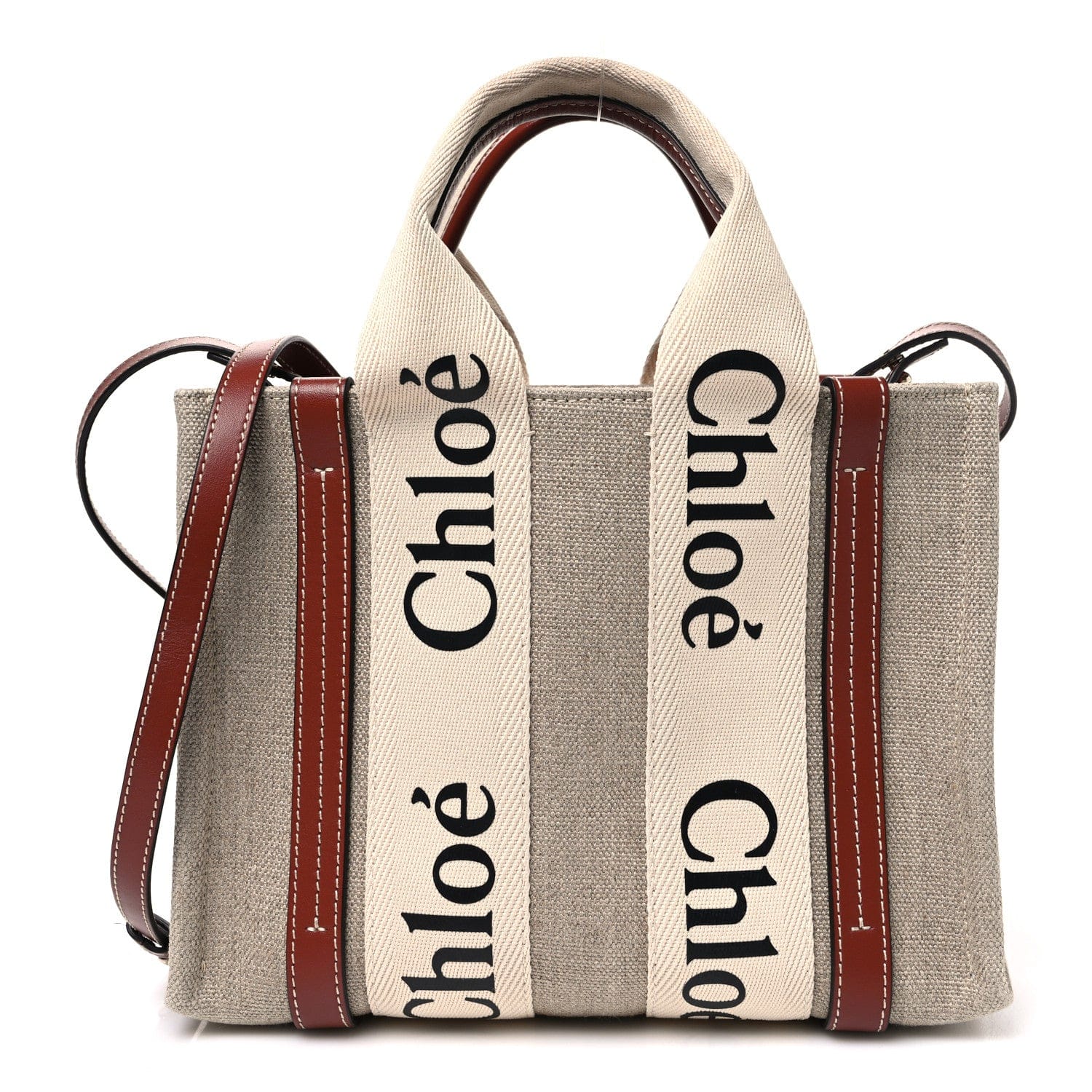 Chloe Cotton Calfskin Small Woody Ribbon Tote With Strap White Brown