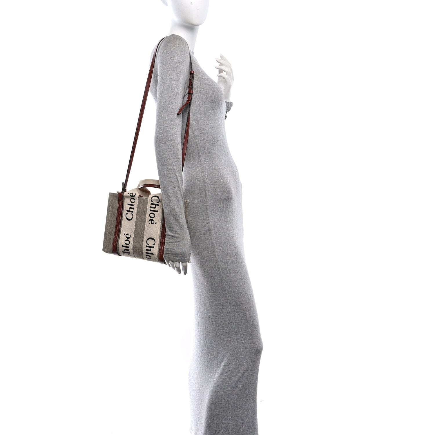 Chloe Cotton Calfskin Small Woody Ribbon Tote With Strap White Brown
