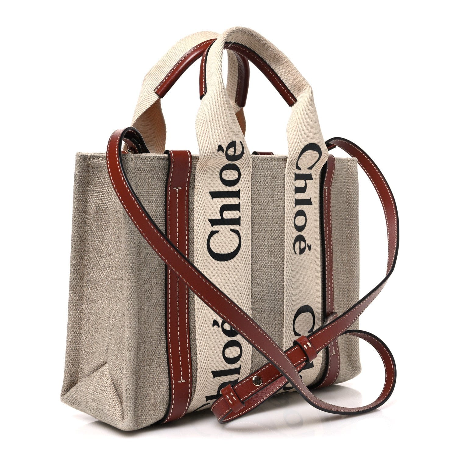 Chloe Cotton Calfskin Small Woody Ribbon Tote With Strap White Brown