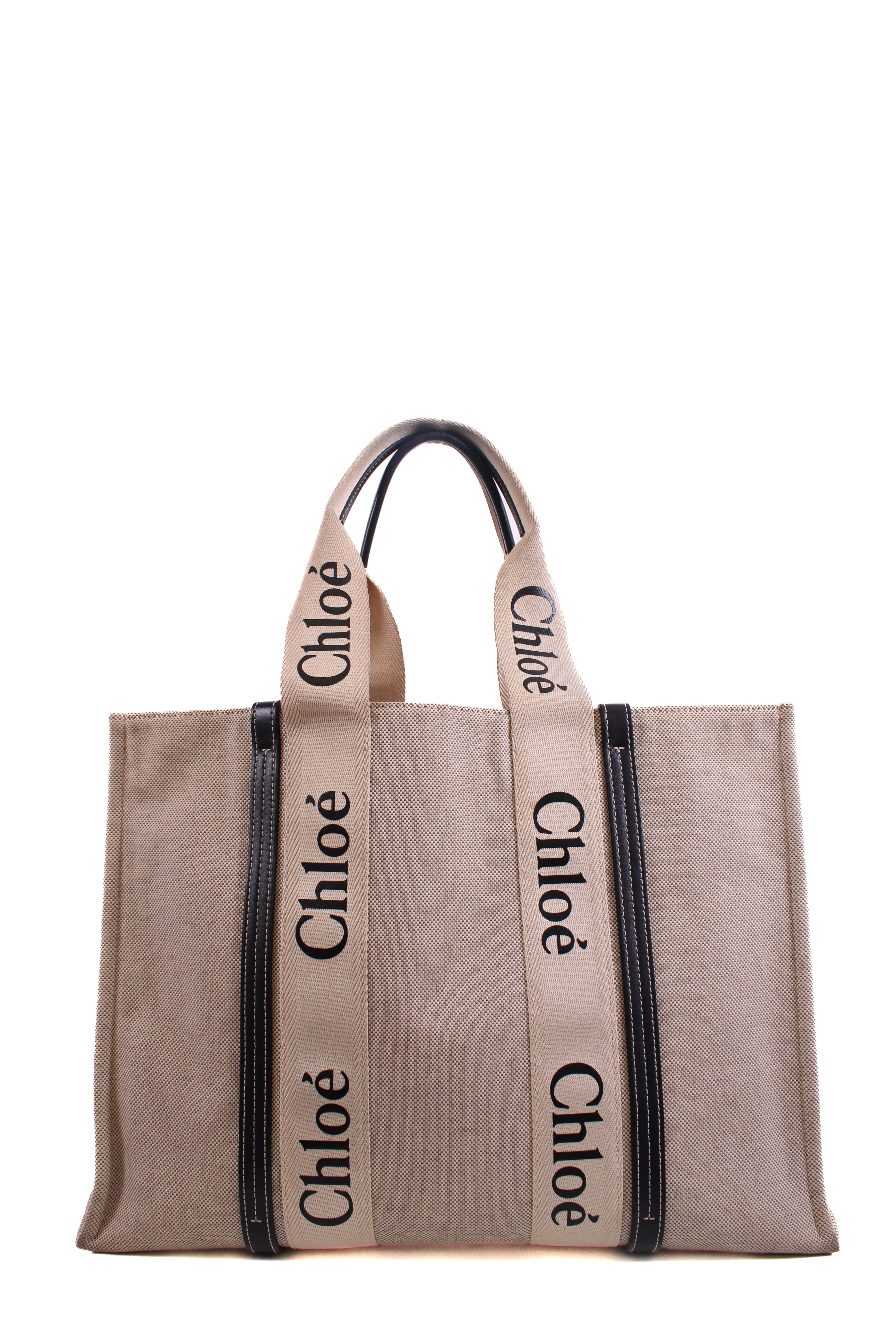 Chloe Woody Logo Canvas Tote Bag Beige Large