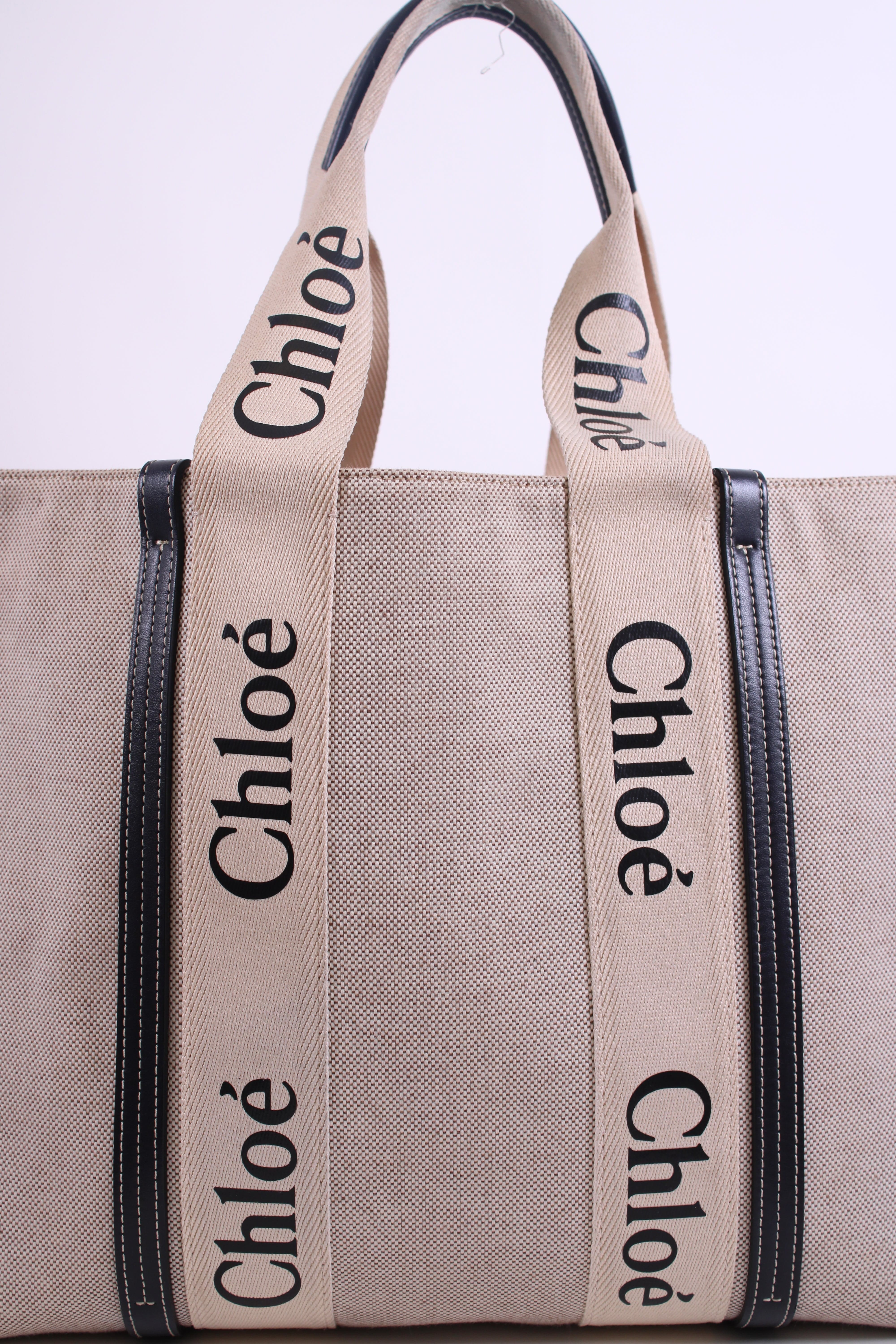 Chloe Woody Logo Canvas Tote Bag Beige Large