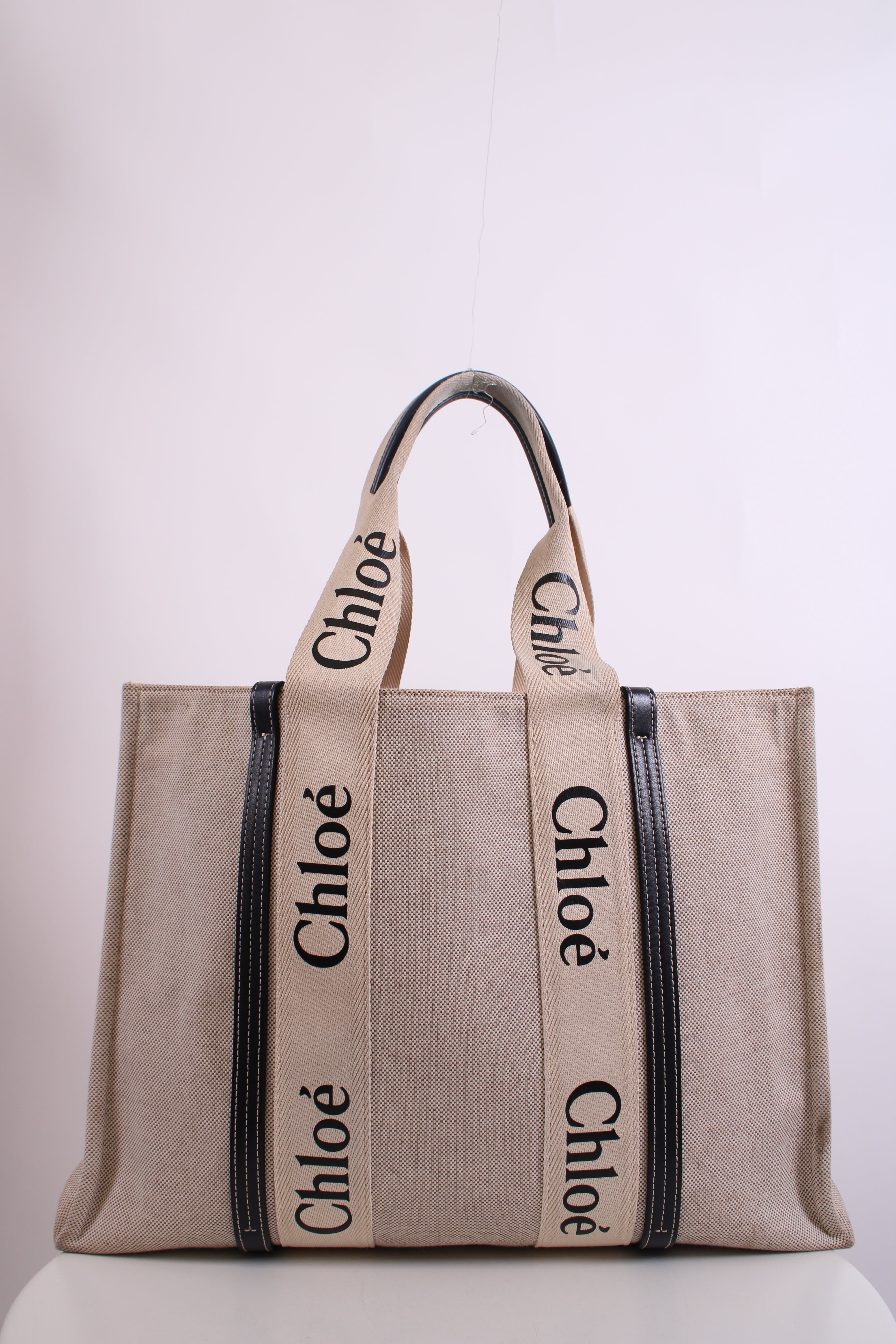 Chloe Woody Logo Canvas Tote Bag Beige Large