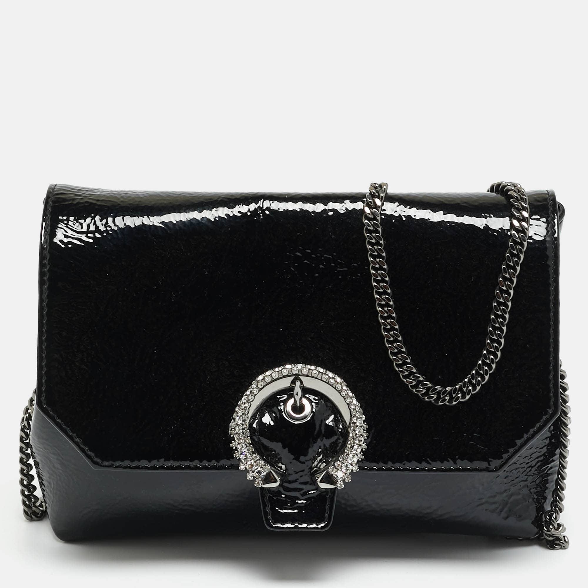 Jimmy Choo Madeline Crystal Black Patent Leather Shoulder Bag