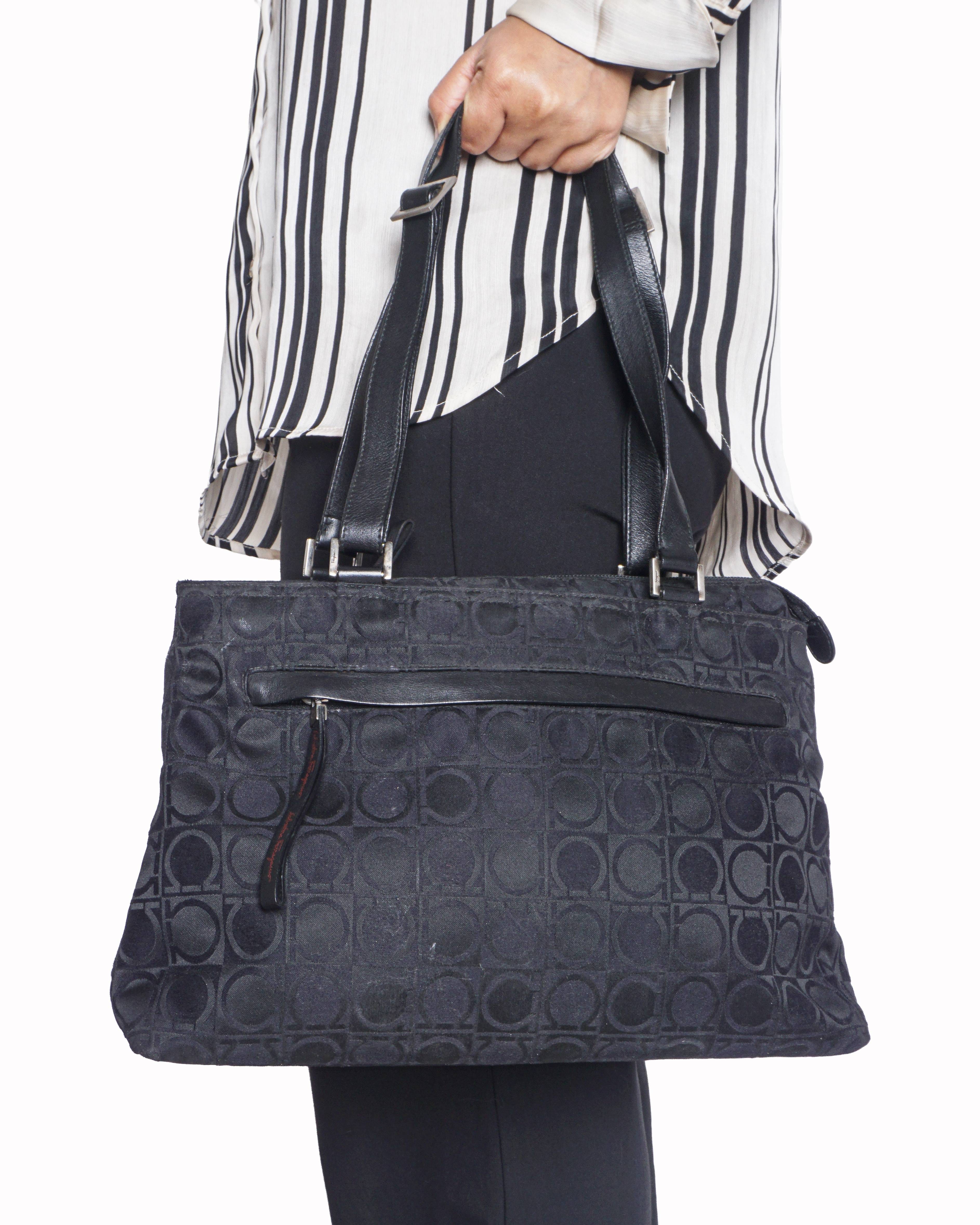 Salvatore Ferragamo Ferragamo Black Gancini Jacquard Canvas Tote Bag