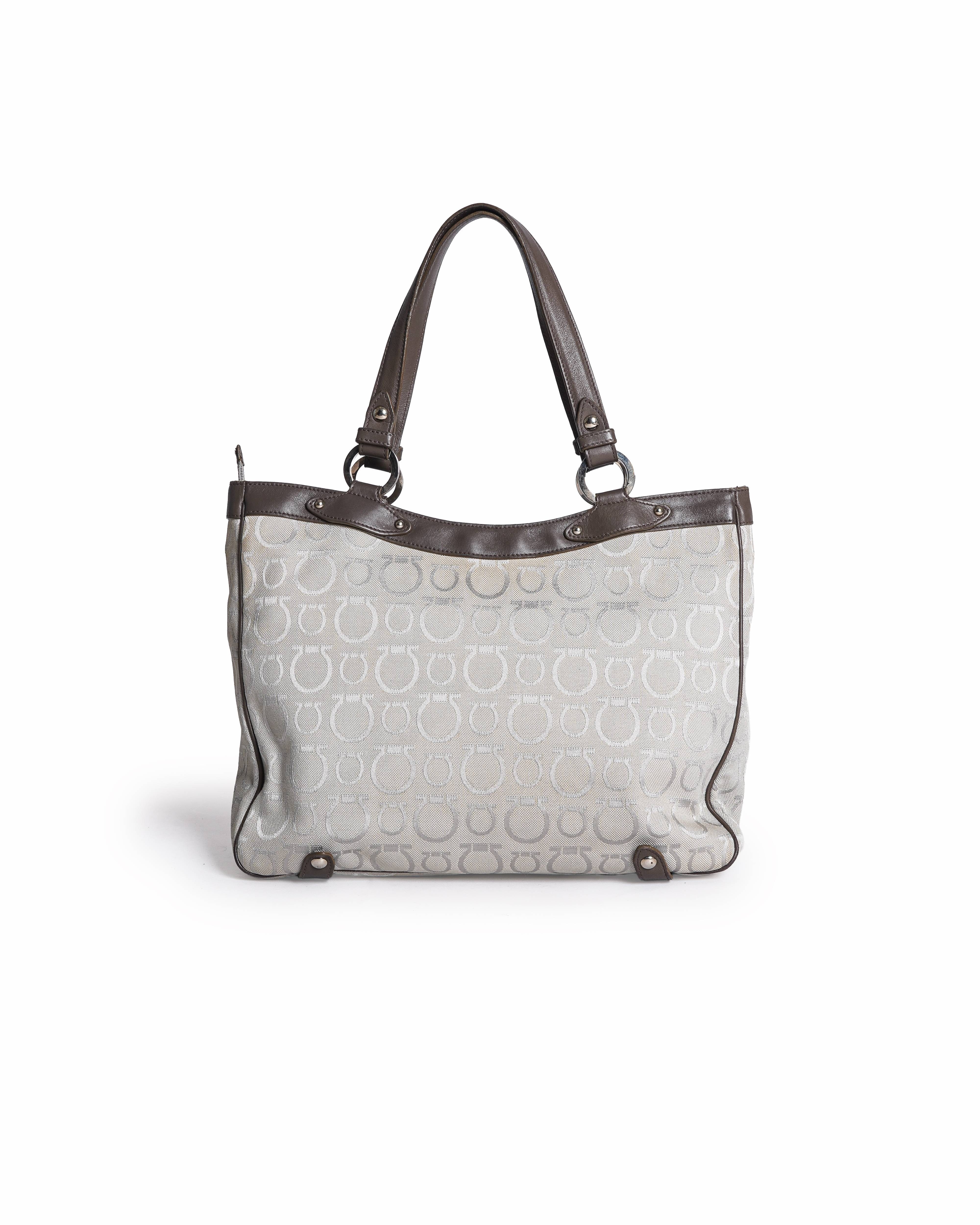 Salvatore Ferragamo Gancini Taupe Canvas & Leather Tote