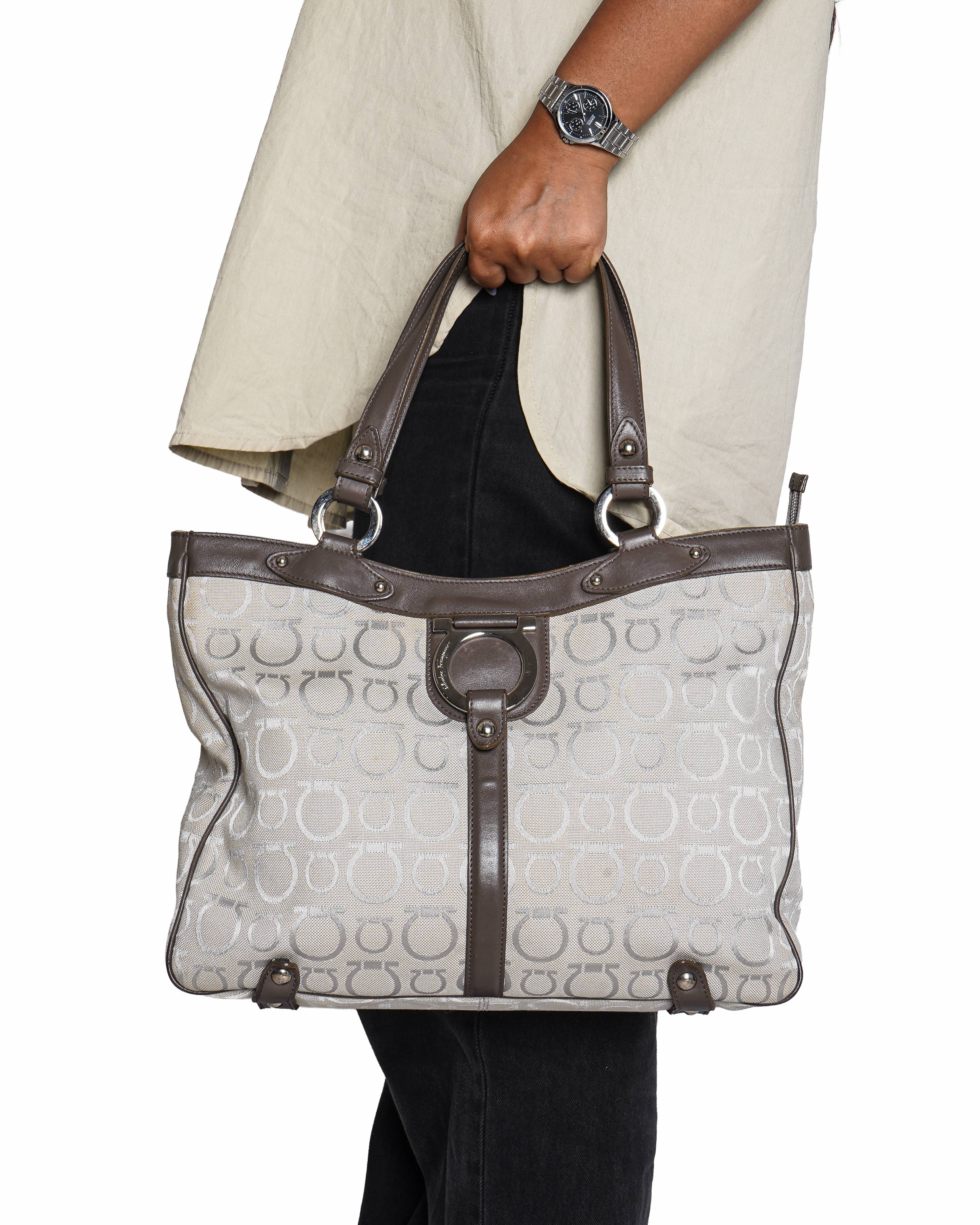 Salvatore Ferragamo Gancini Taupe Canvas & Leather Tote