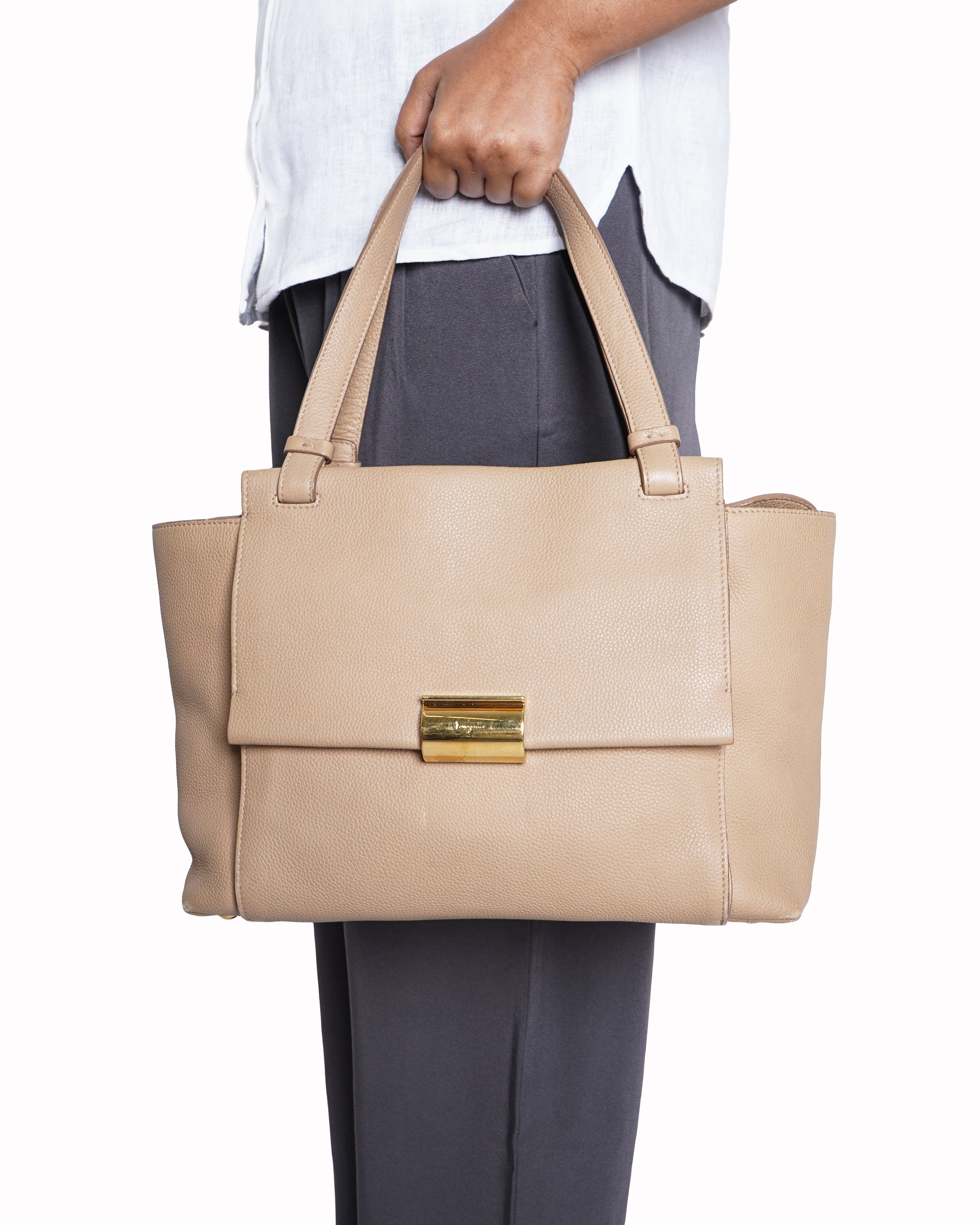 Salvatore Ferragamo Pebbled Leather Medium Ginger Tote Bag