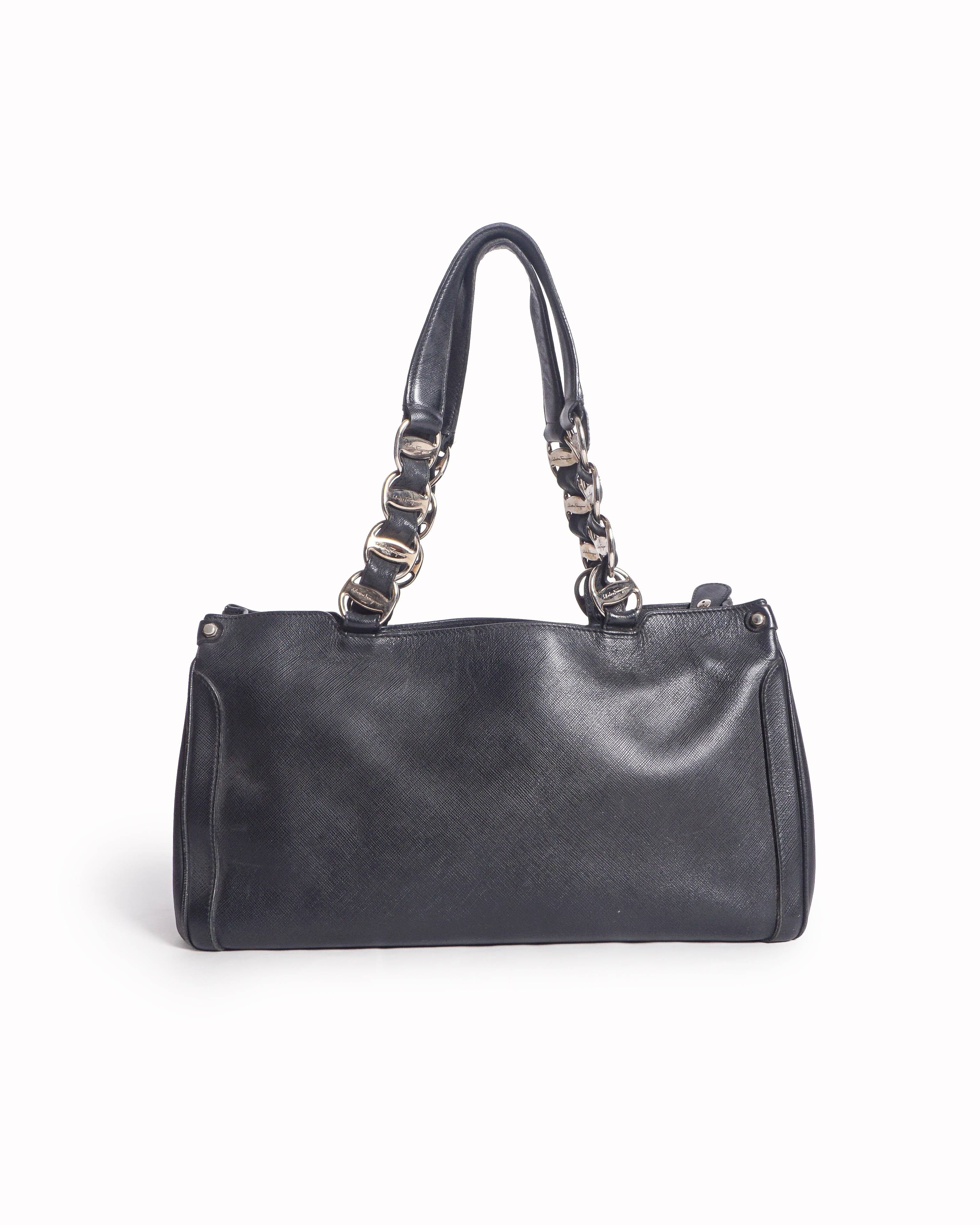 Salvatore Ferragamo Black Saffiano Leather Gancini Shoulder Tote