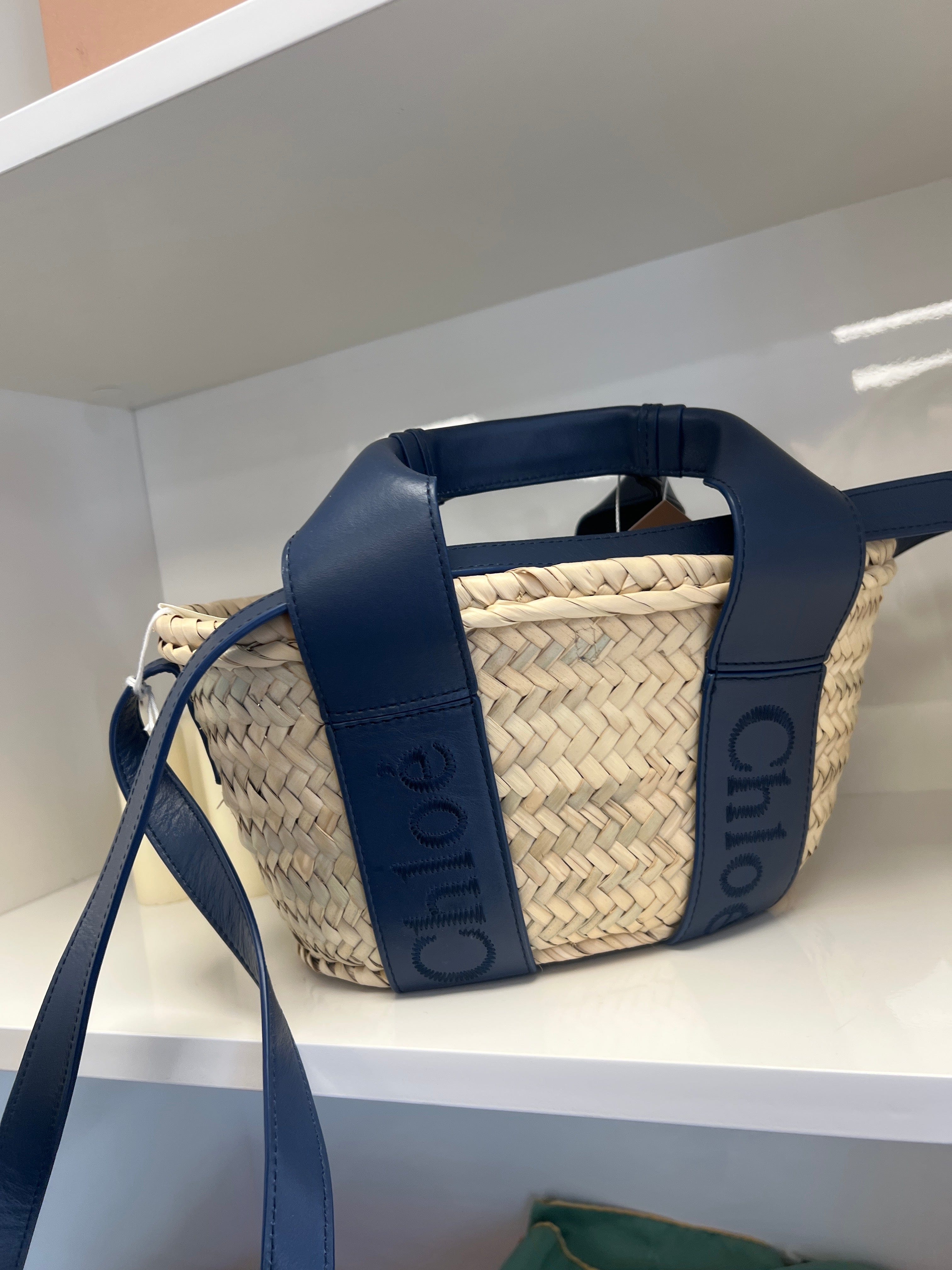 Chloe Small Straw Tote Bag with Night Blue Hardware