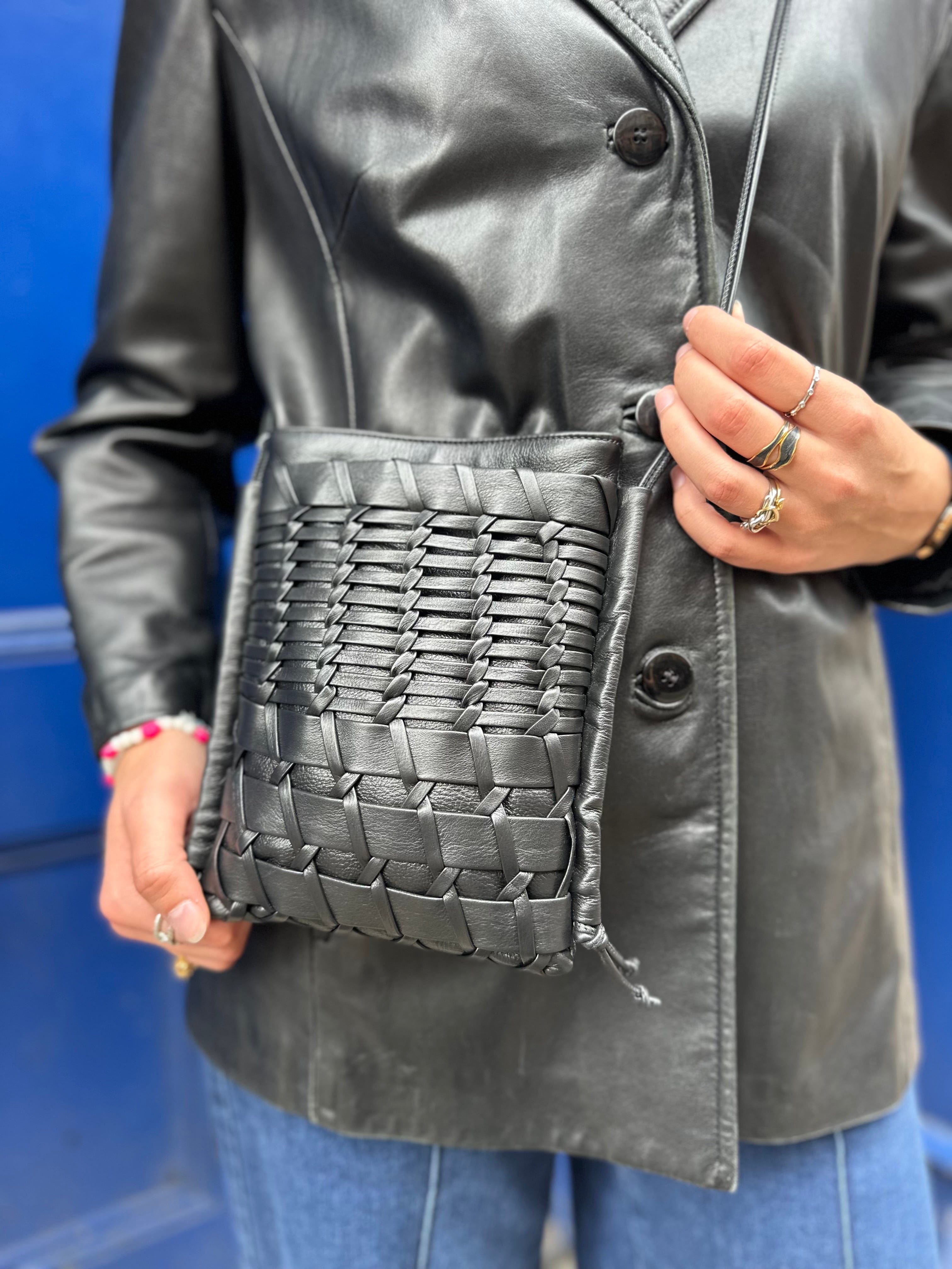 Hereu Black Woven Leather Trena Crossbody Bag