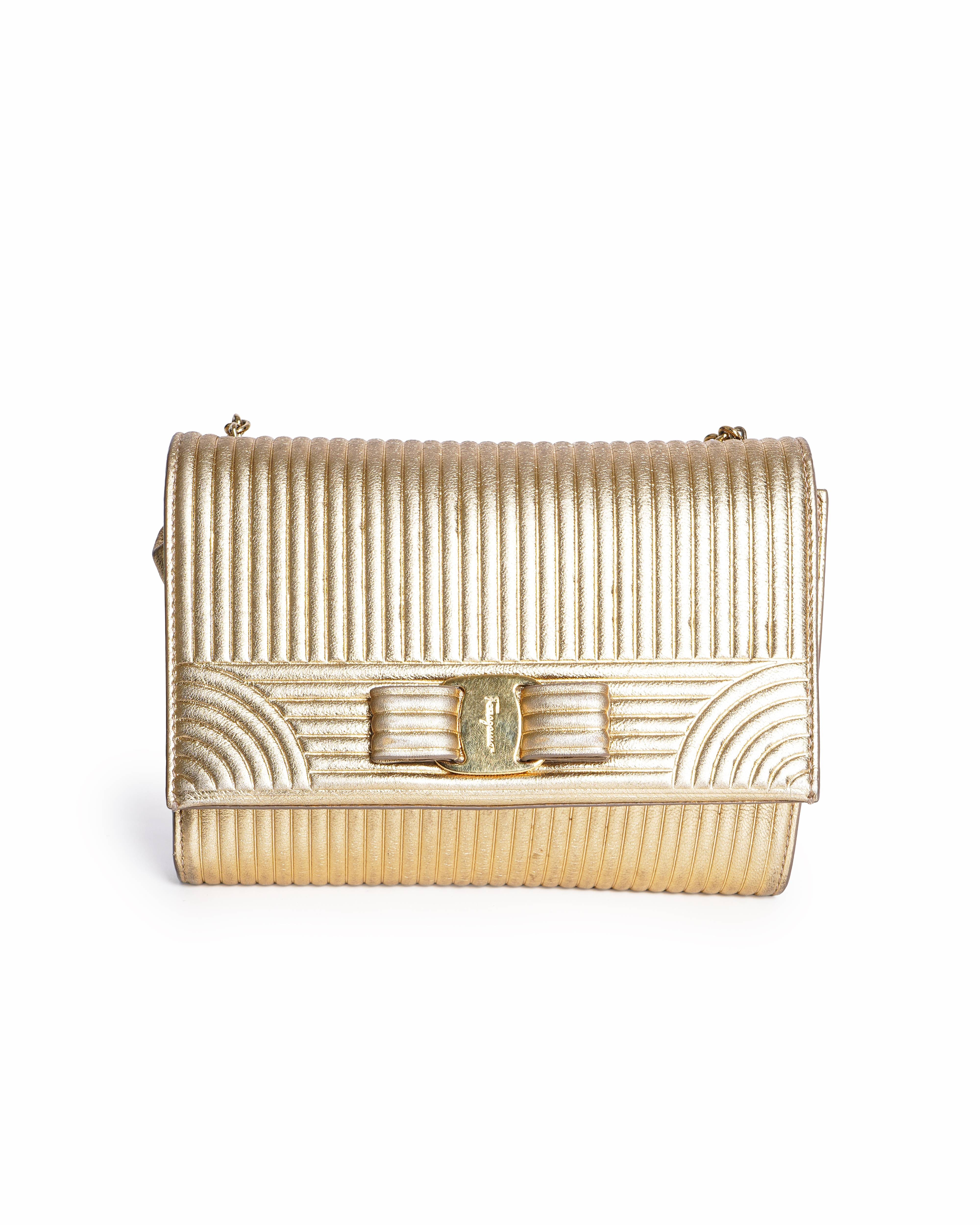 Salvatore Ferragamo Metallic Gold Leather Vara Bow Chain Crossbody Bag