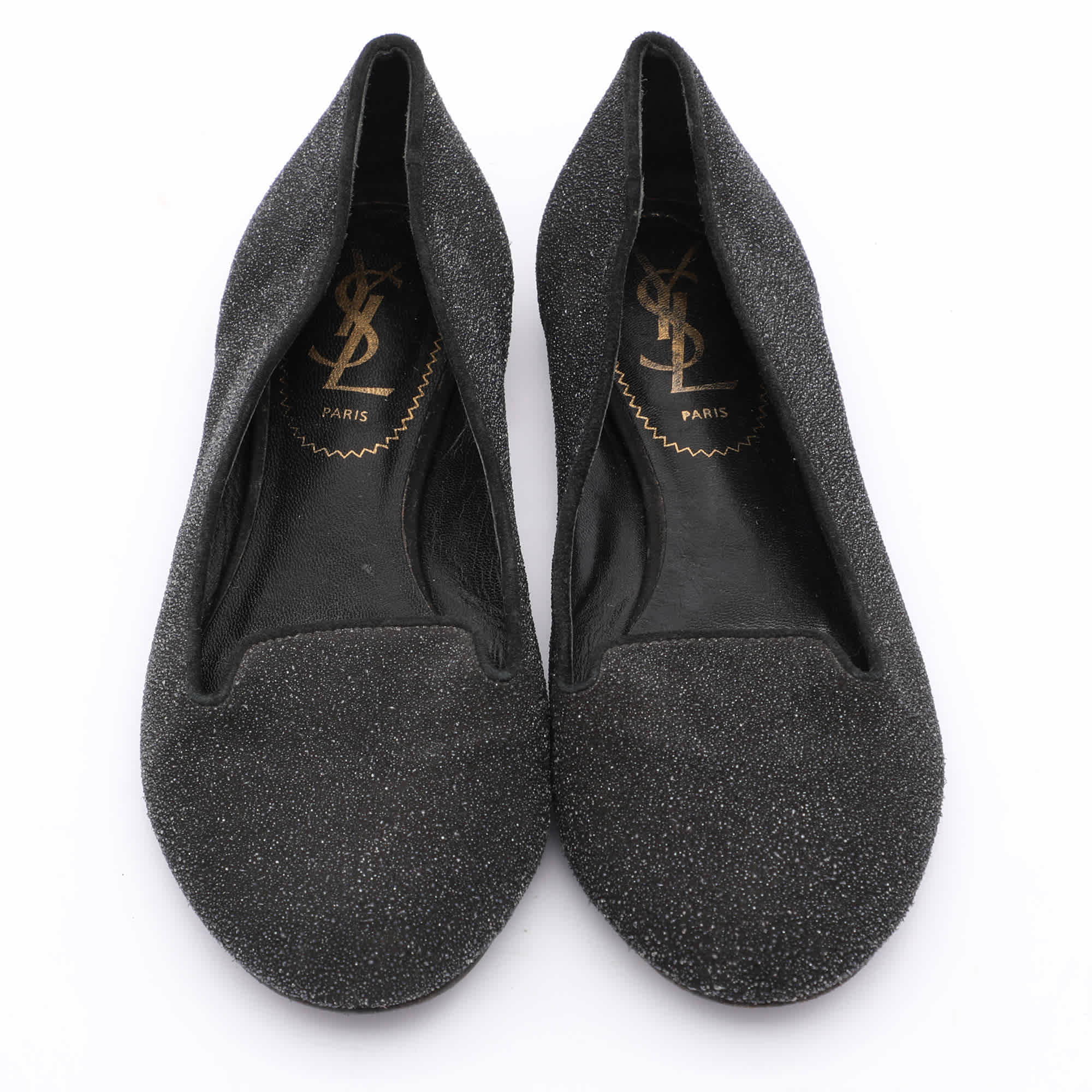 Yves Saint Laurent Black Glitter Smoking Slippers