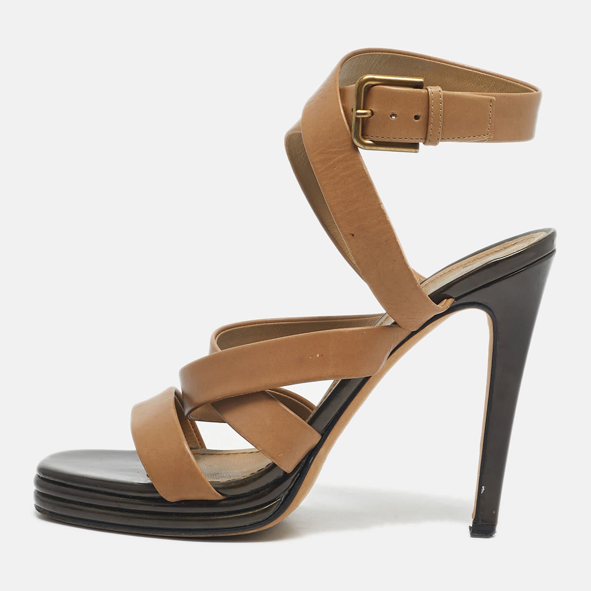 Yves Saint Laurent Beige Leather Ankle Wrap Sandals