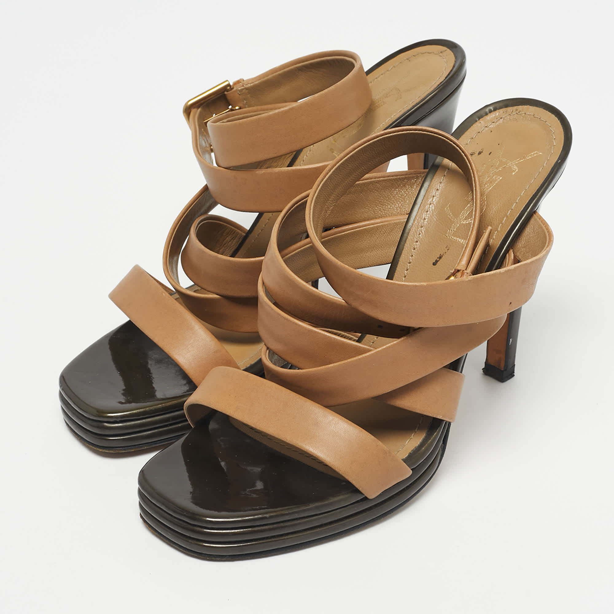 Yves Saint Laurent Beige Leather Ankle Wrap Sandals