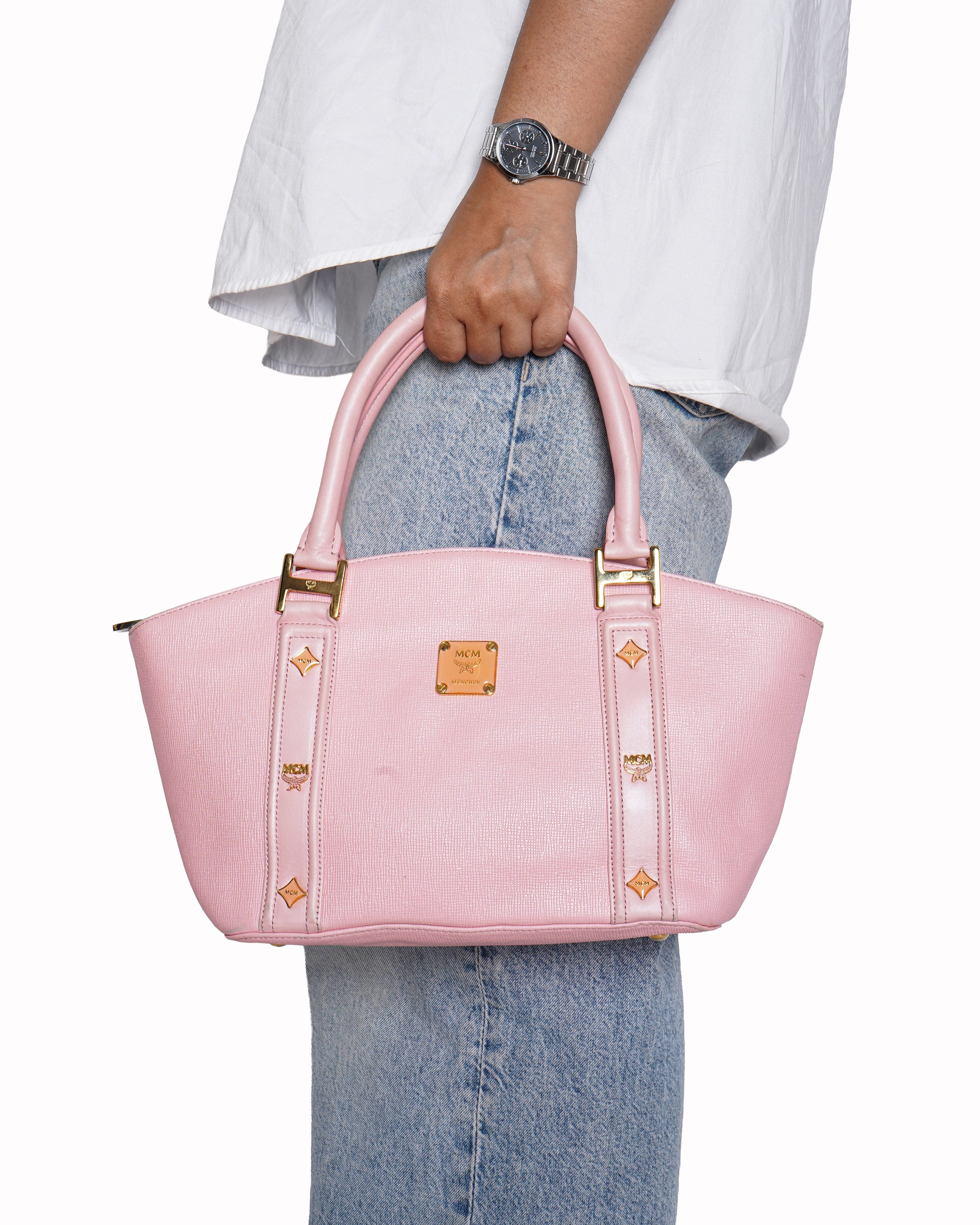 MCM pink leather zip tote bag