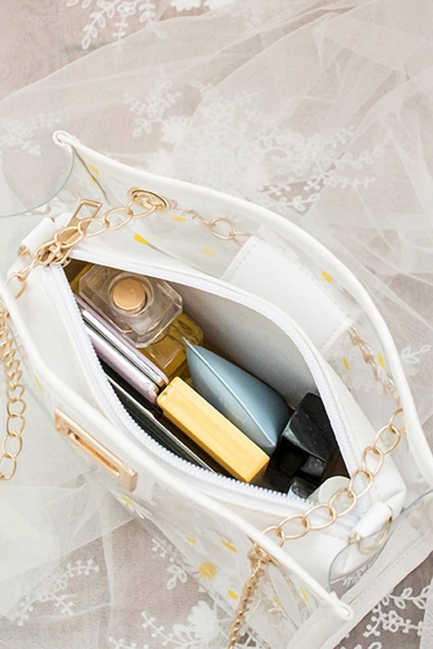 Transparent Daisy Floral Transparent Mini Crossbody Bag In White