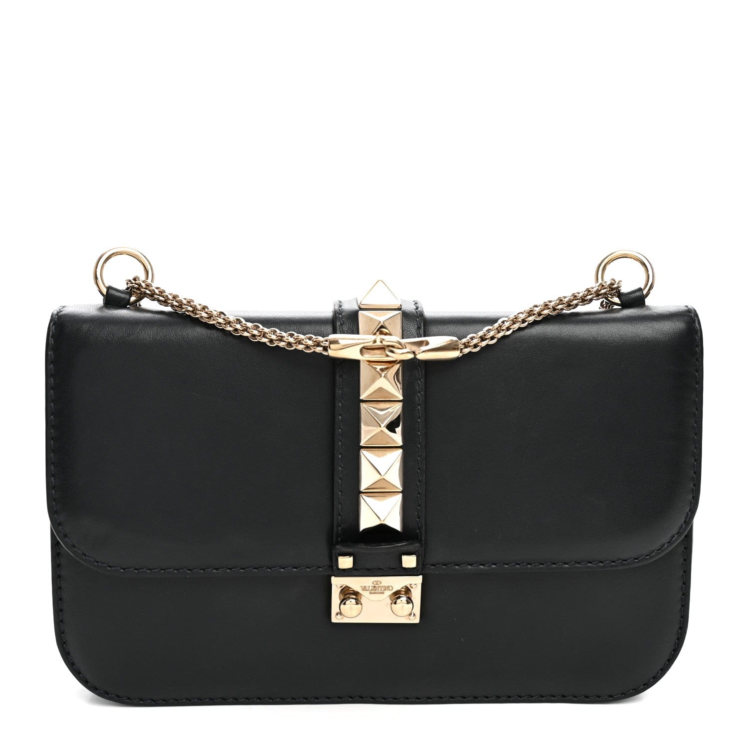 Valentino Garavani Vitello Medium Glam Lock Rockstud Flap Black