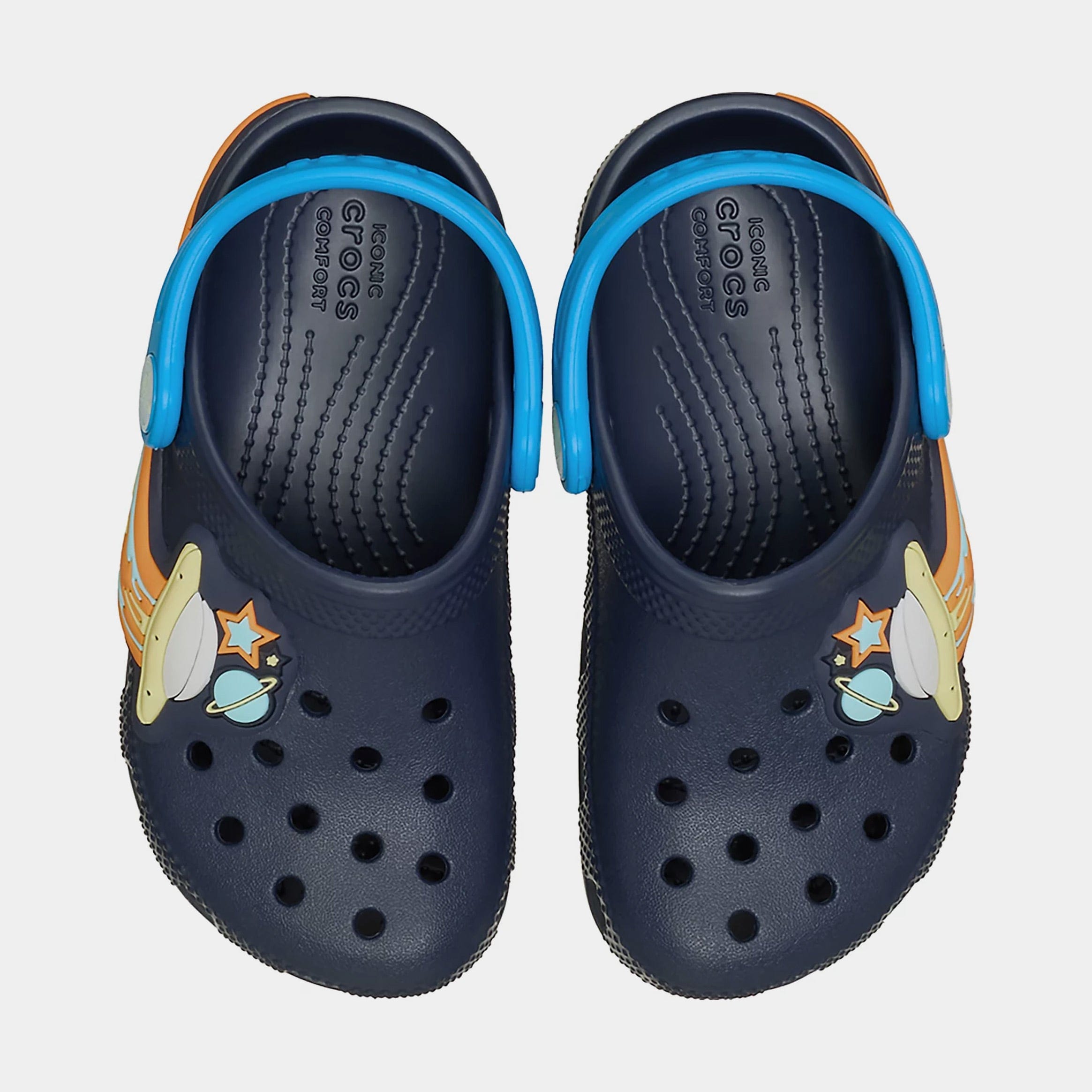 CROCS Classic Clog UFO Lights Infant Toddler Sandals (Navy/Orange)