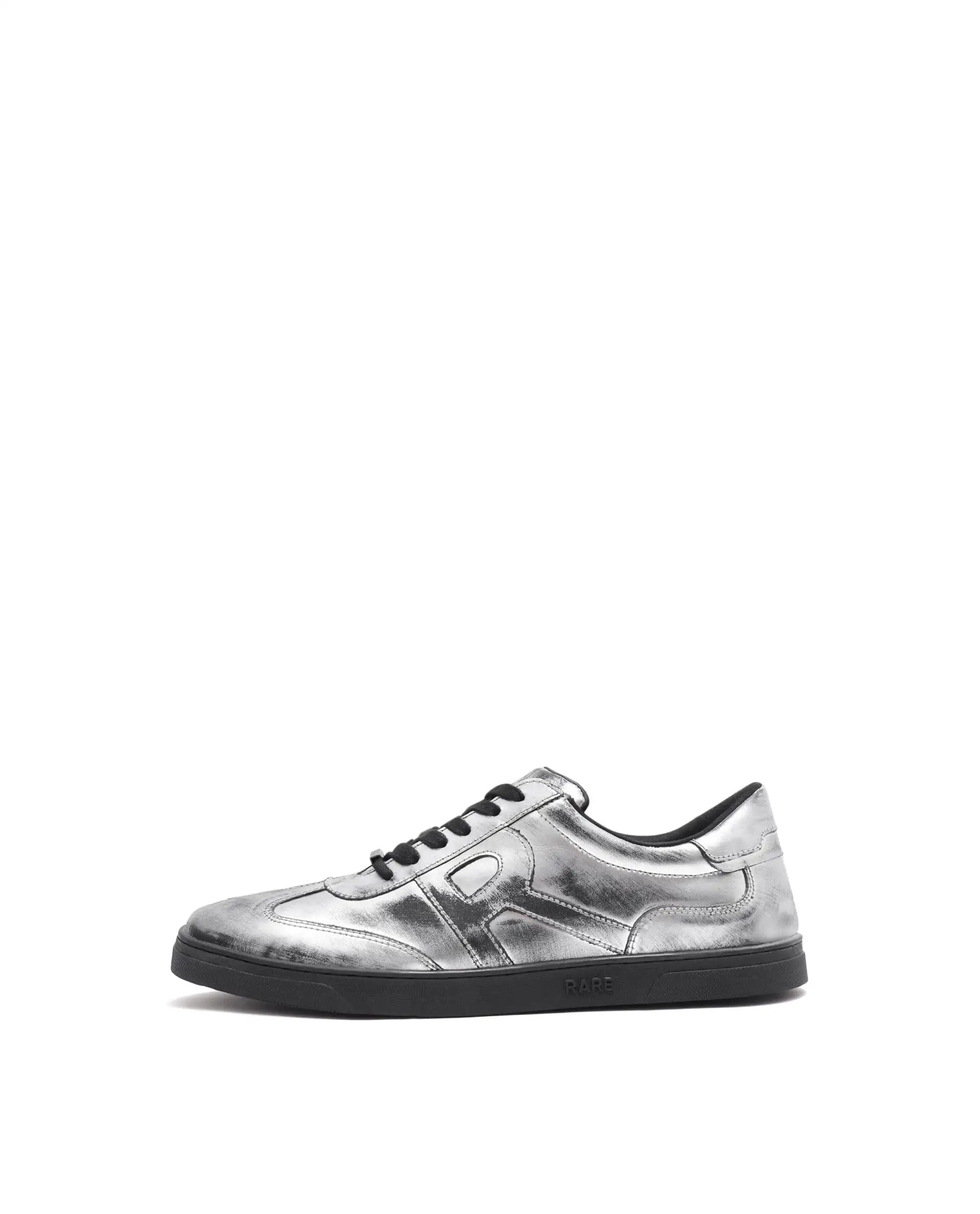RAREZ Rare Rabbit Mens Mercure Metallic Silver Round Toe Shiny Burnt Leather Sneaker Shoes