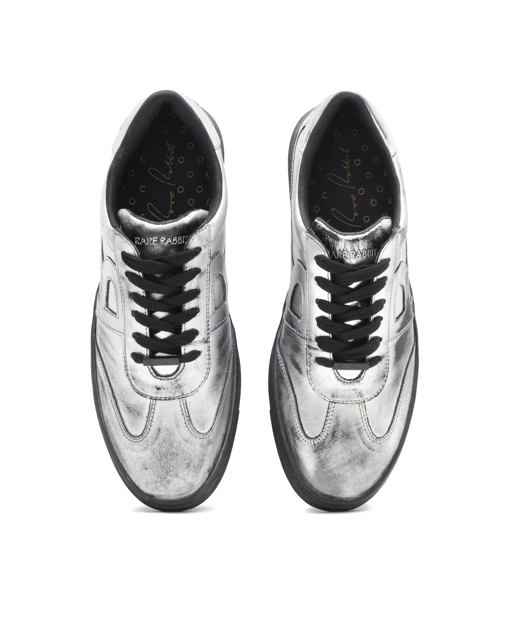 RAREZ Rare Rabbit Mens Mercure Metallic Silver Round Toe Shiny Burnt Leather Sneaker Shoes