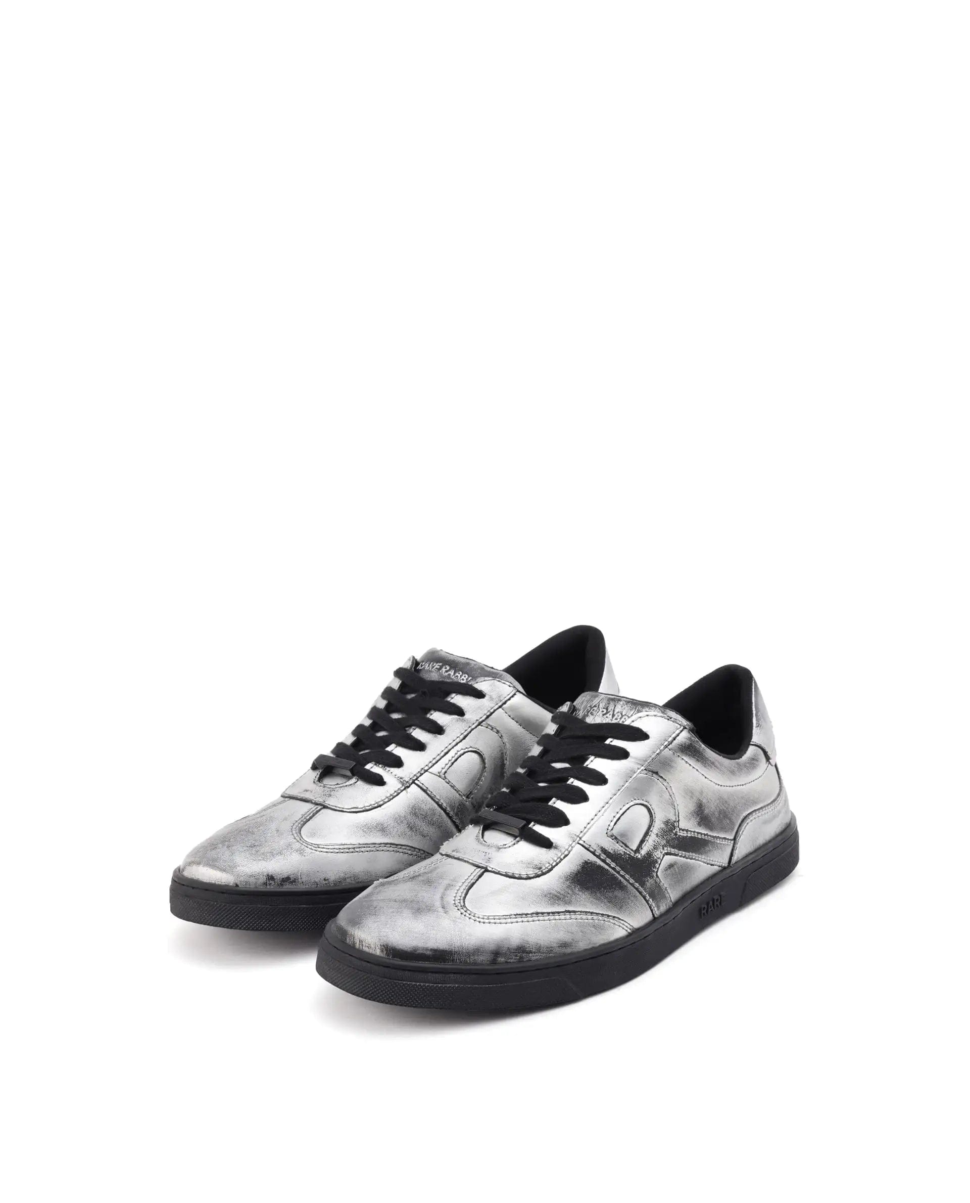 RAREZ Rare Rabbit Mens Mercure Metallic Silver Round Toe Shiny Burnt Leather Sneaker Shoes