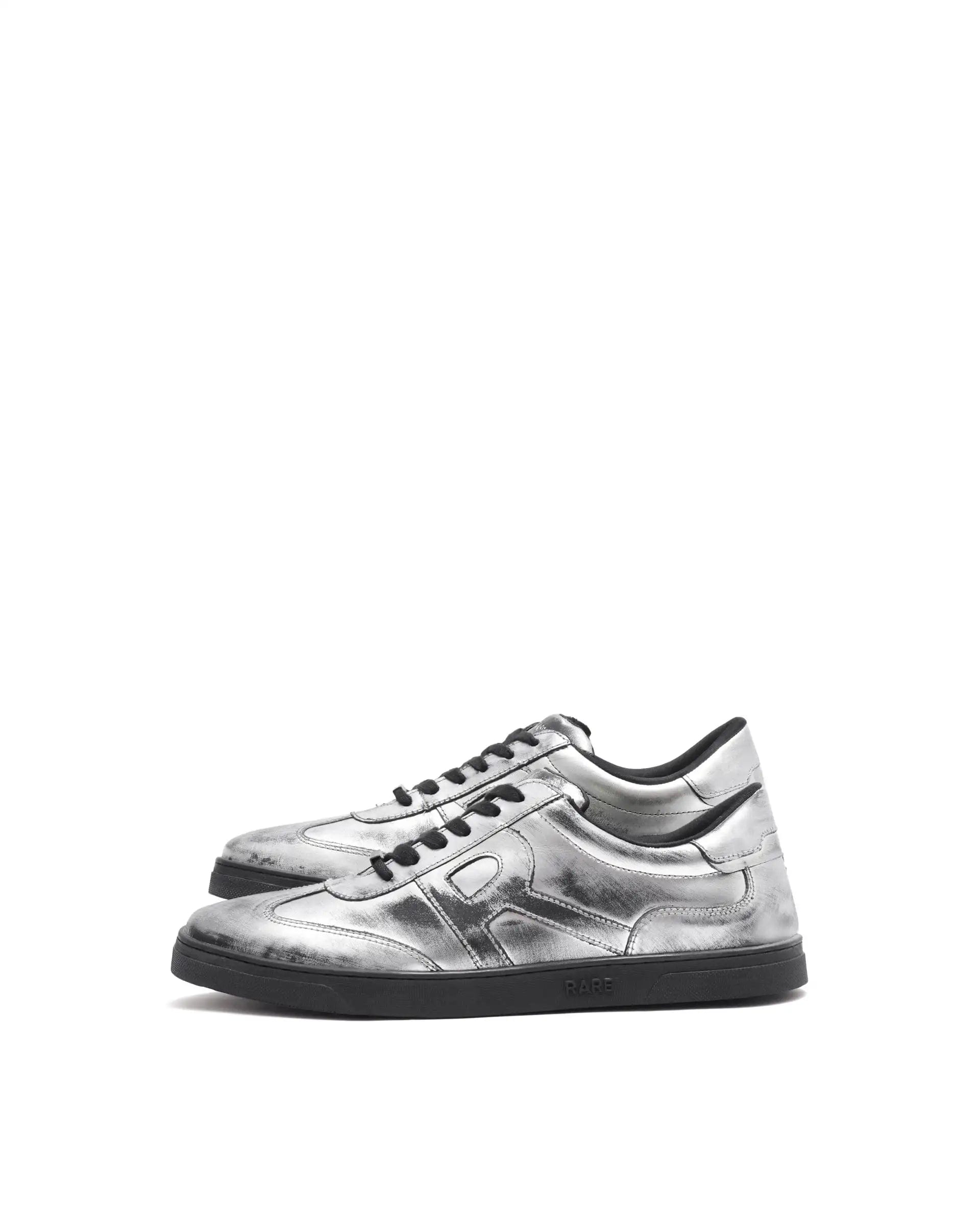 RAREZ Rare Rabbit Mens Mercure Metallic Silver Round Toe Shiny Burnt Leather Sneaker Shoes