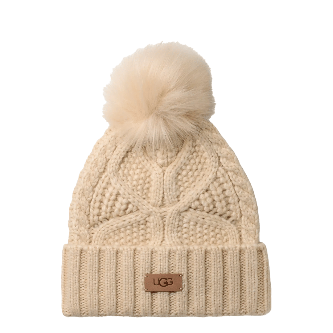 UGG WOMEN'S CABLE BEANIE WITH POM CREAM