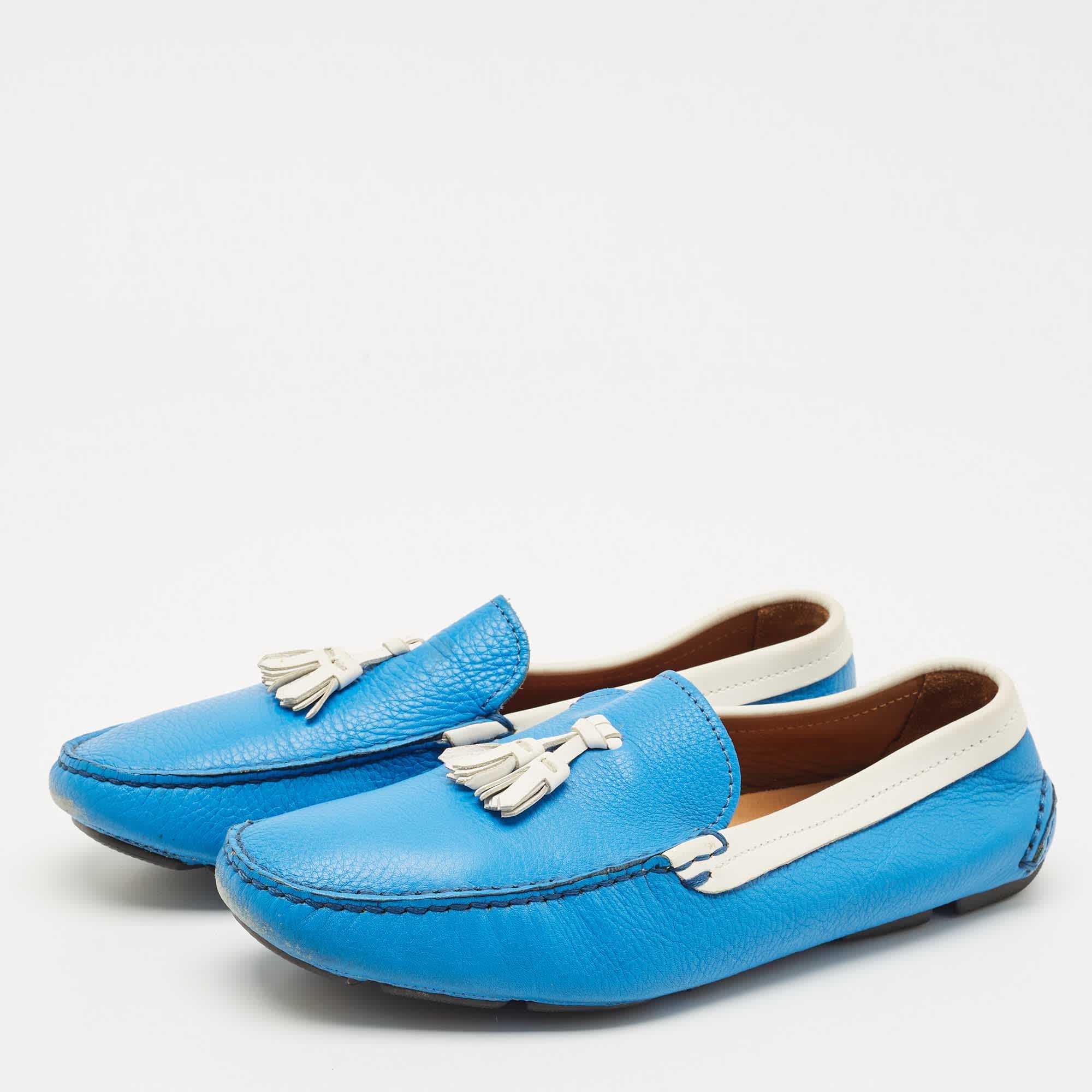 Giorgio Armani Blue/white Leather Slip On Loafers