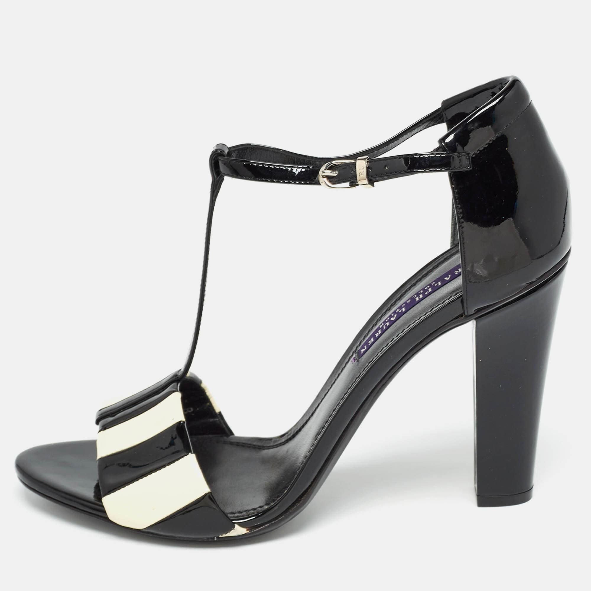 Ralph Lauren Black/white Patent Leather T Strap Sandals