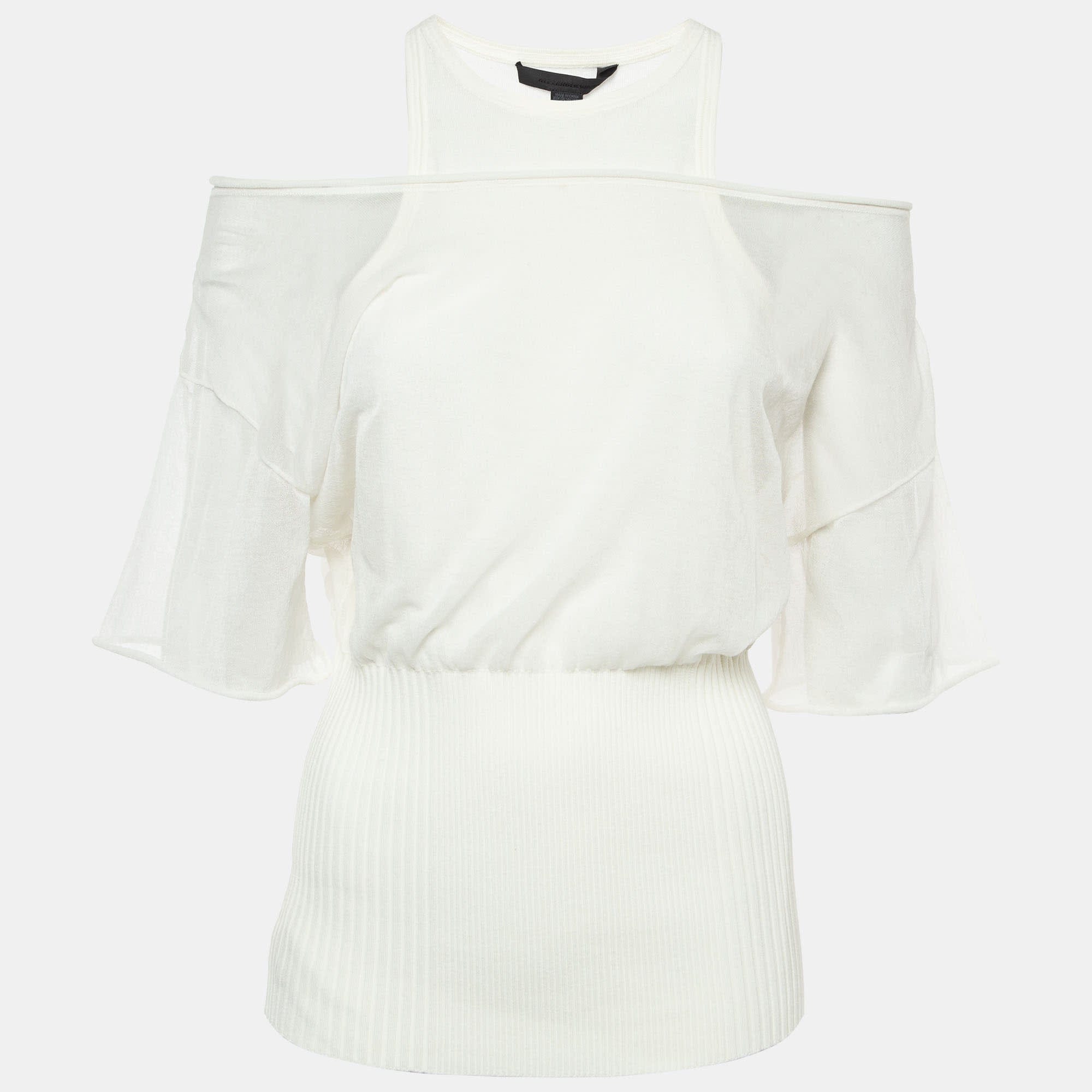 Off - White Cotton Knit Sheer Overlay Top