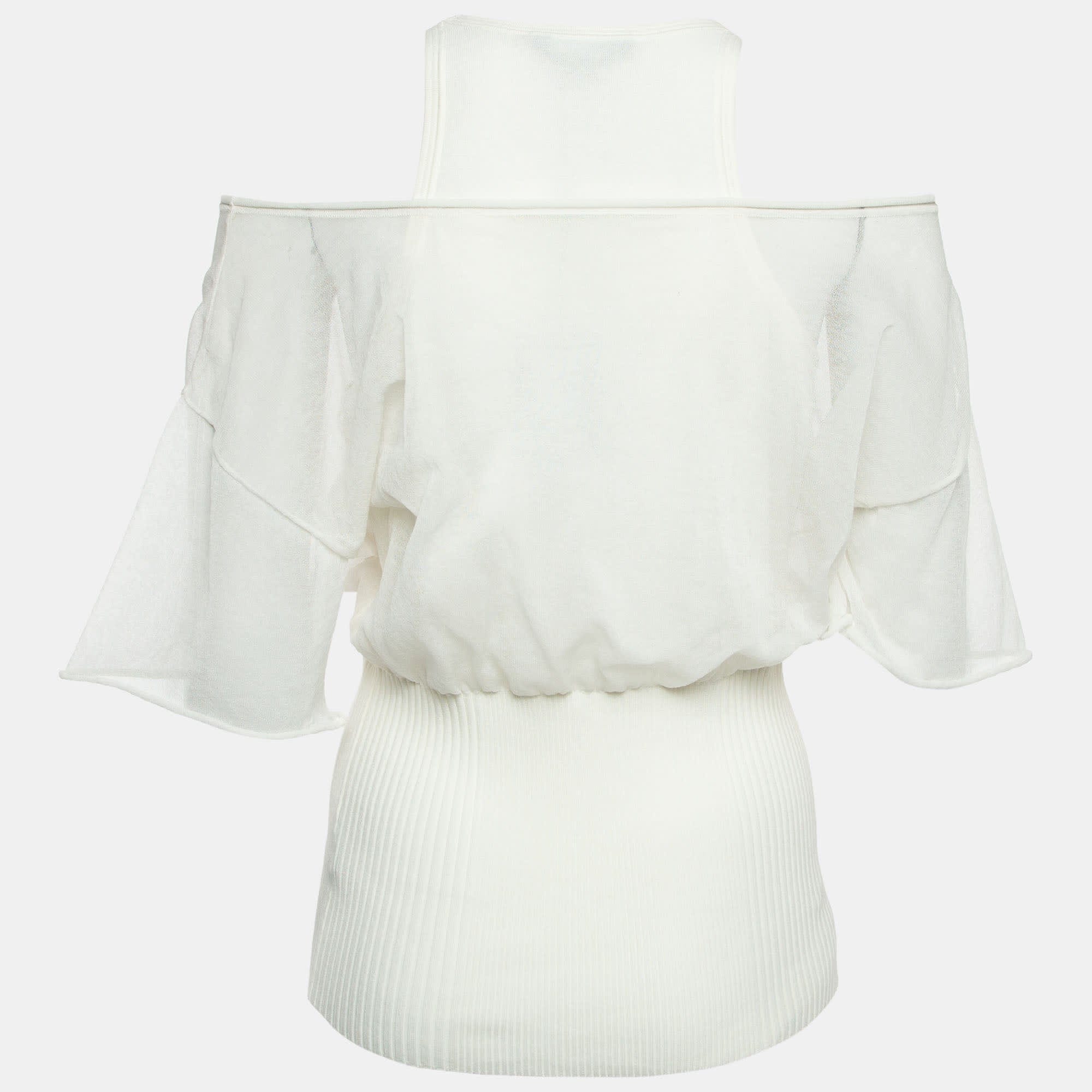 Off - White Cotton Knit Sheer Overlay Top