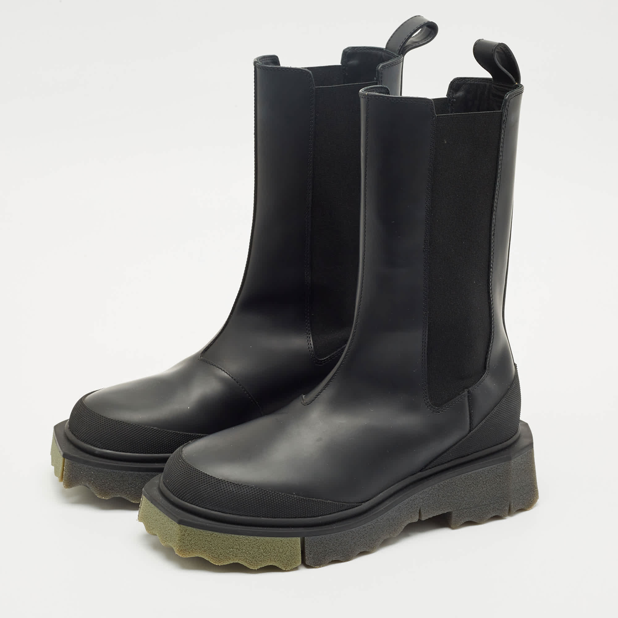 Off - White Black Leather And Elastic Rain Boots