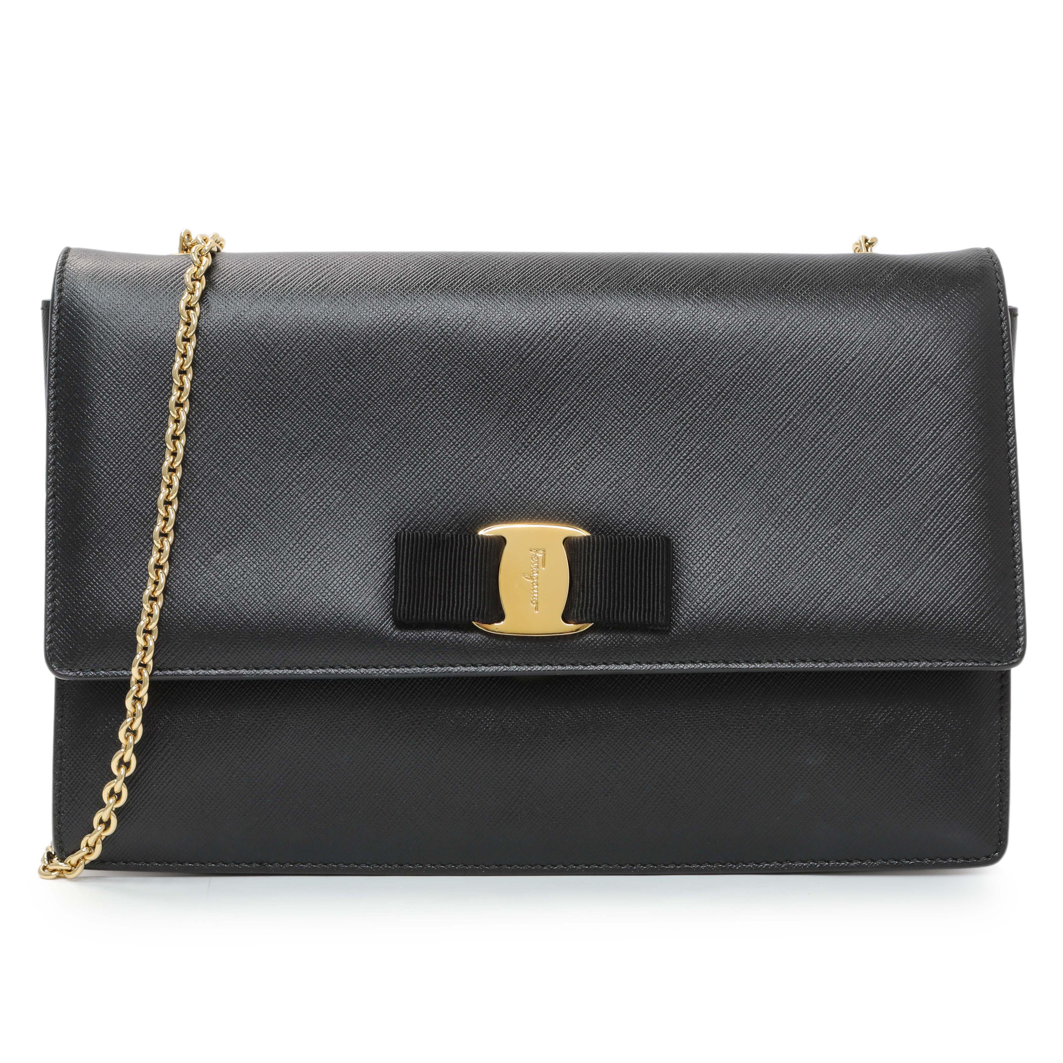 Salvatore Ferragamo Black Calfskin Vara Bow Chain Flap Crossbody