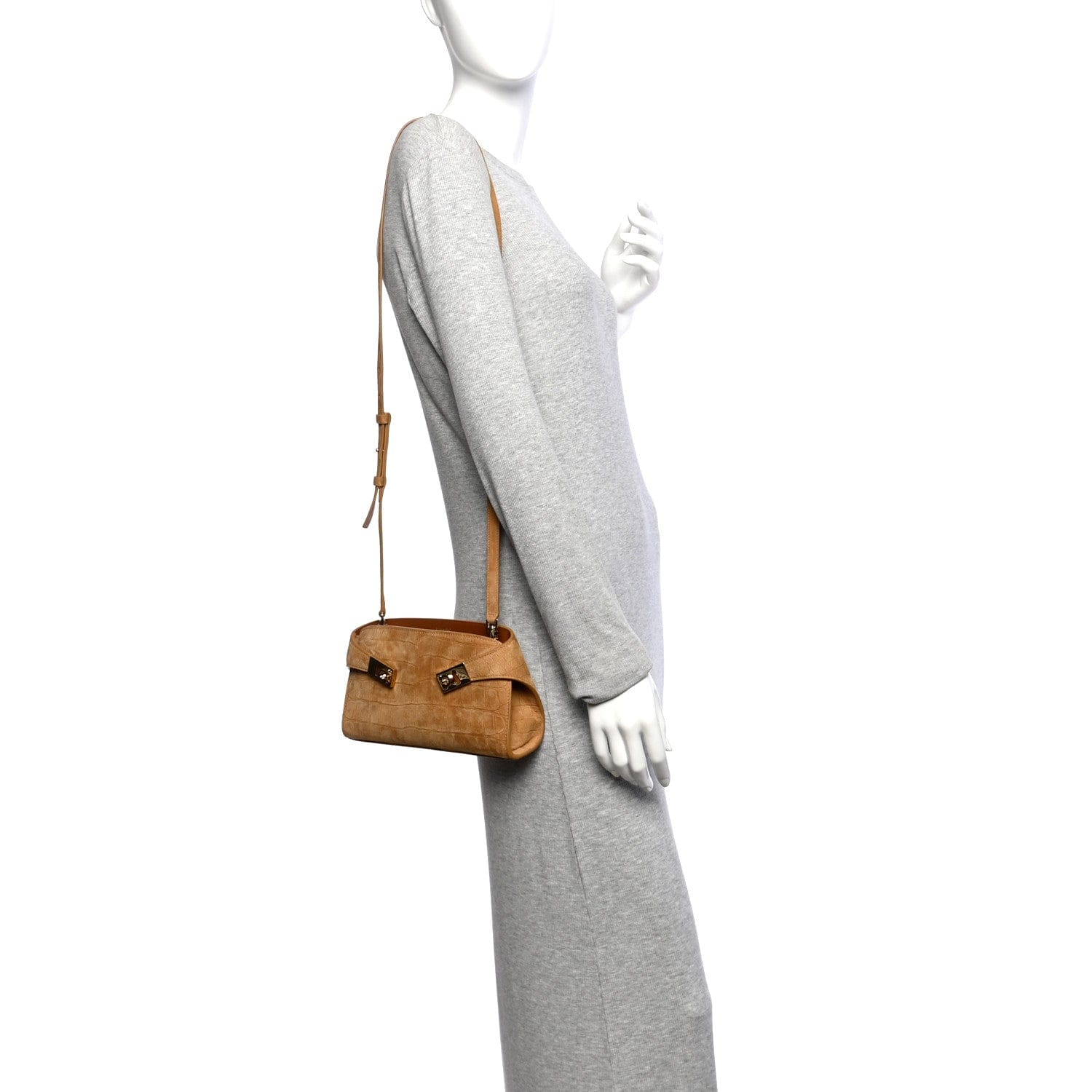 Salvatore Ferragamo Suede Alligator Embossed Mini Hug Crossbody Bag Natural Brown