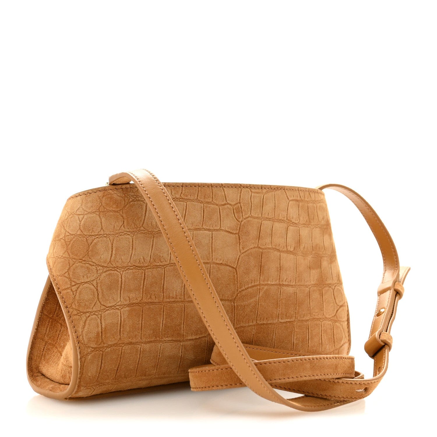 Salvatore Ferragamo Suede Alligator Embossed Mini Hug Crossbody Bag Natural Brown
