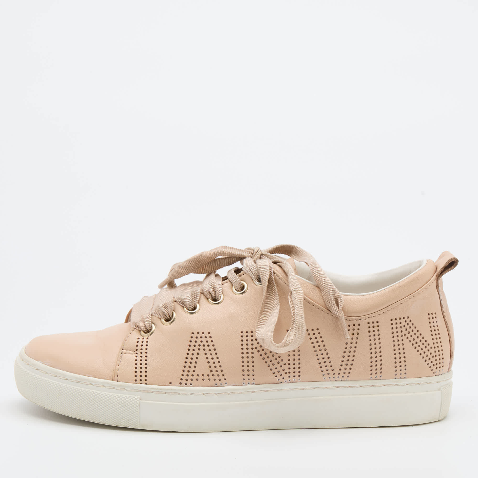 Lanvin Beige Leather Perforated Logo Low Top Sneakers