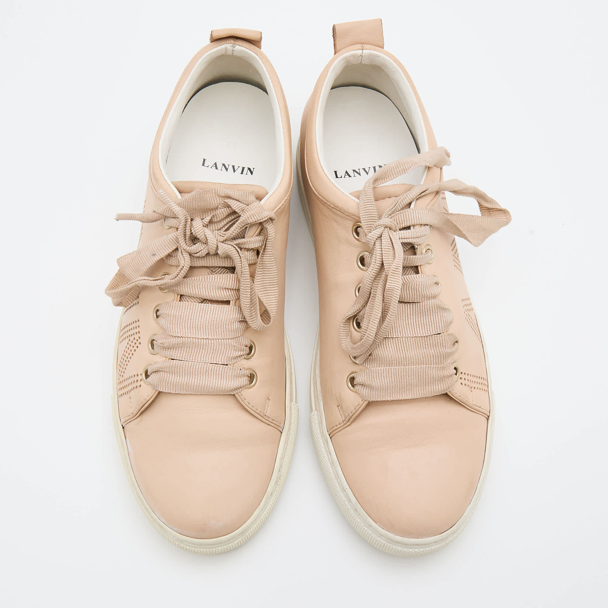 Lanvin Beige Leather Perforated Logo Low Top Sneakers