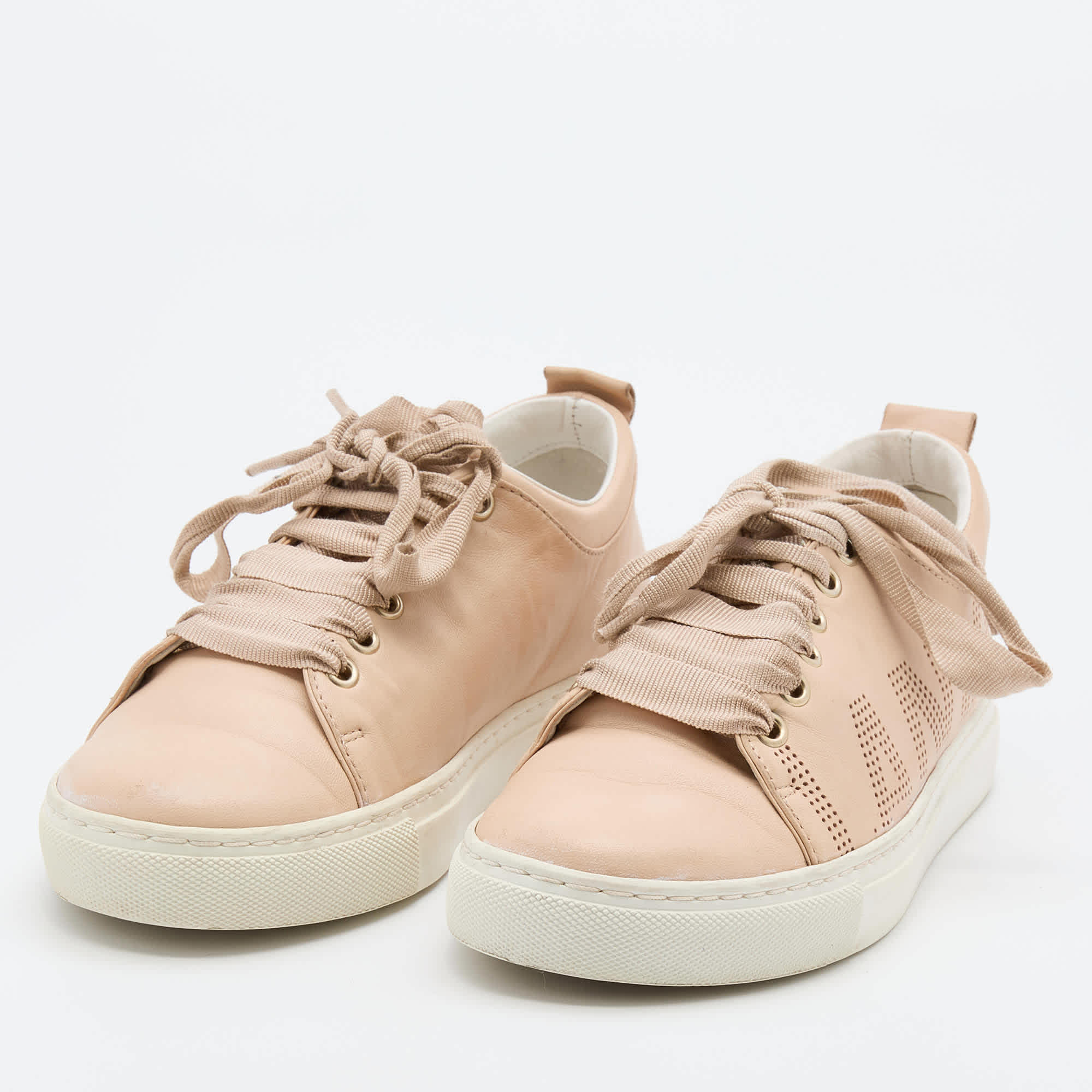 Lanvin Beige Leather Perforated Logo Low Top Sneakers
