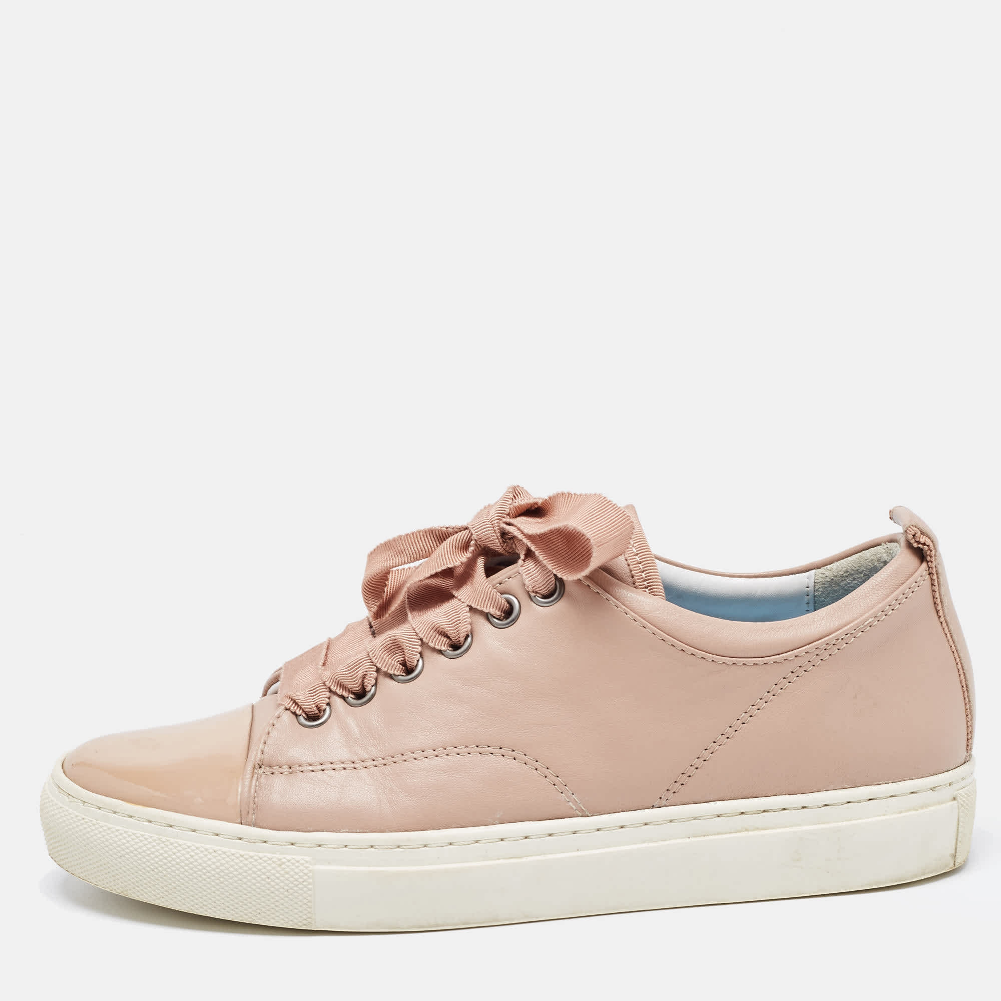 Lanvin Dusty Pink Leather And Patent Cap Toe Low Top Sneakers