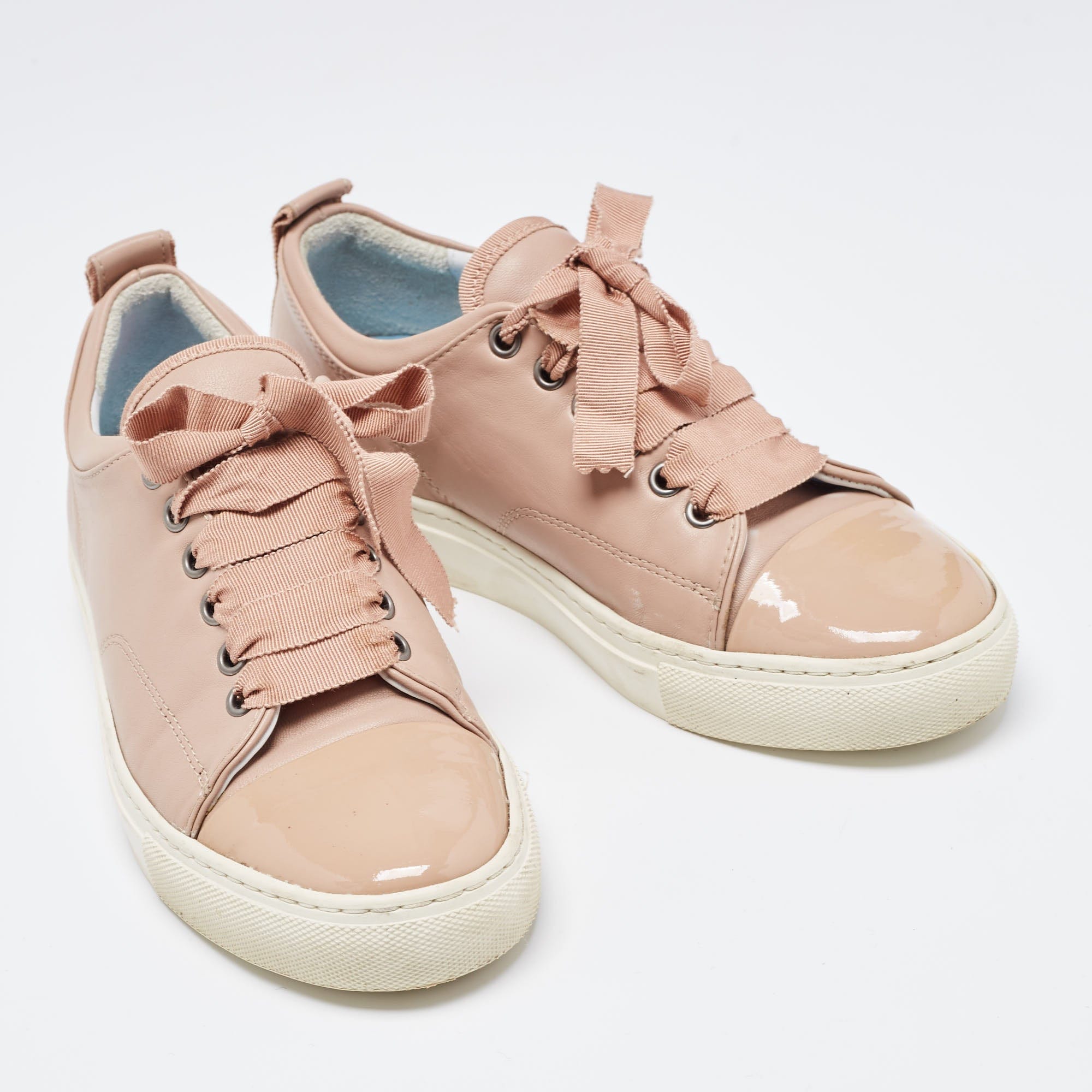 Lanvin Dusty Pink Leather And Patent Cap Toe Low Top Sneakers
