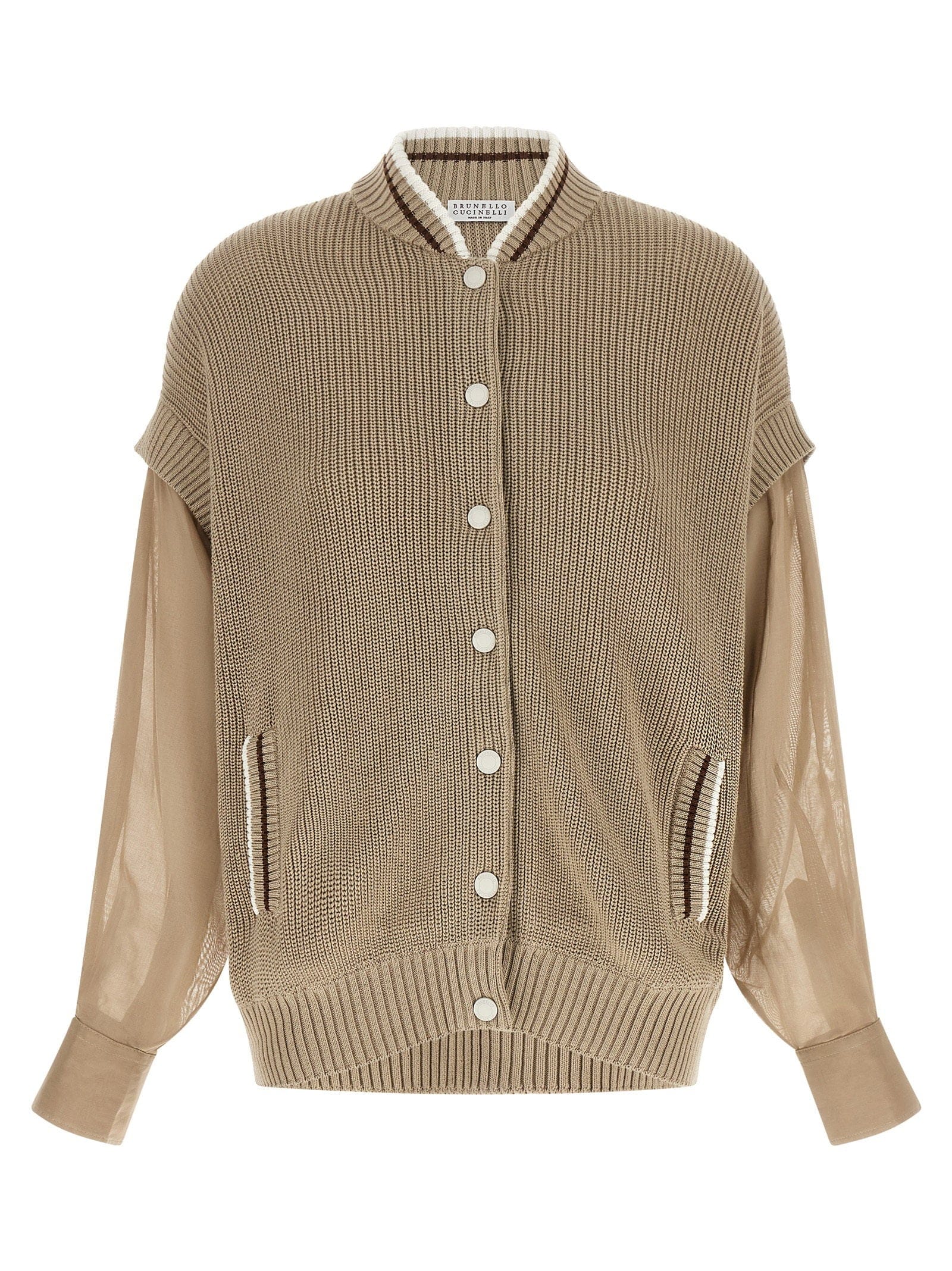 Brunello Cucinelli Organza Sleeve Cardigan — Beige